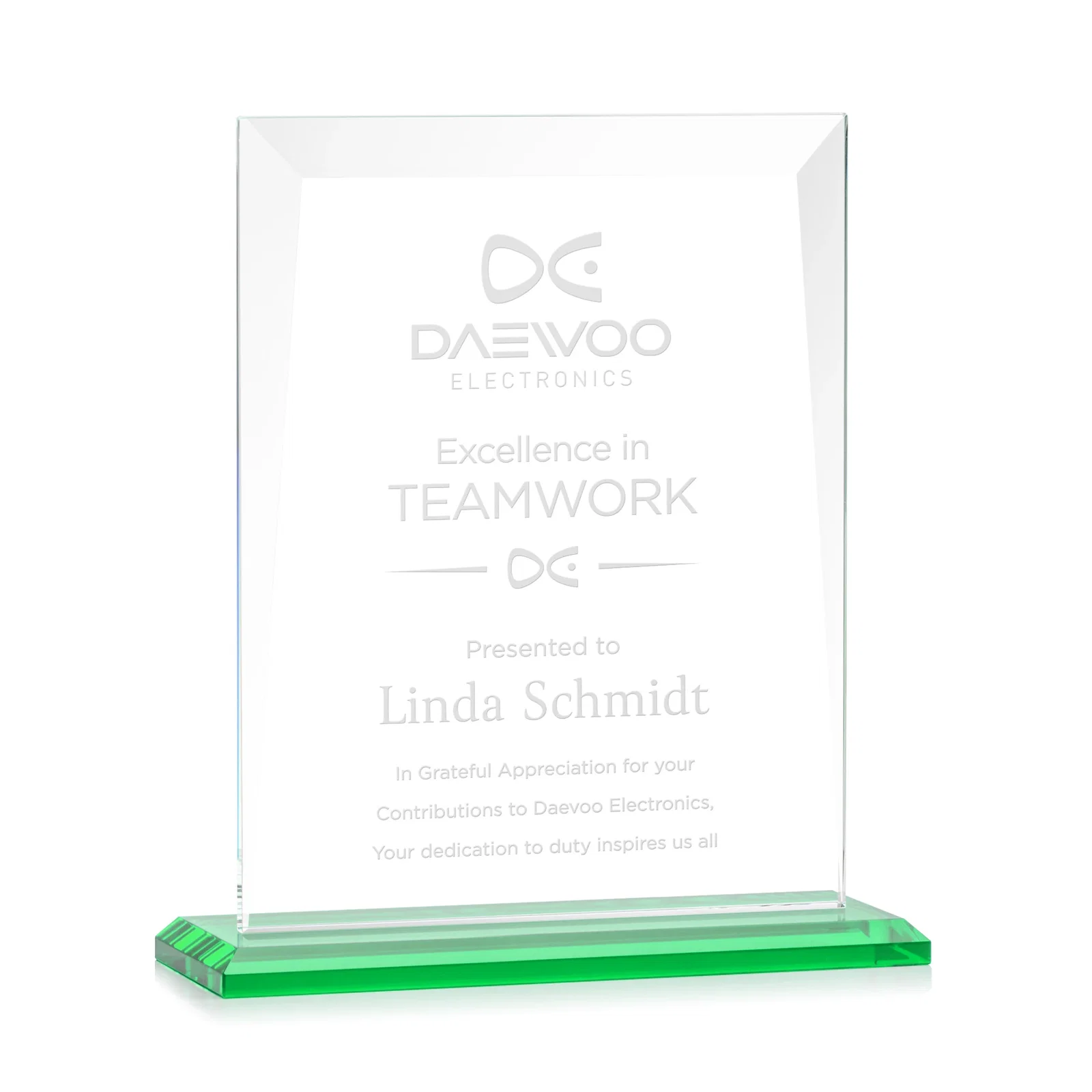 Personalized Jade Glass Rectangle Award With Contrasting Color Base for donor appreciation