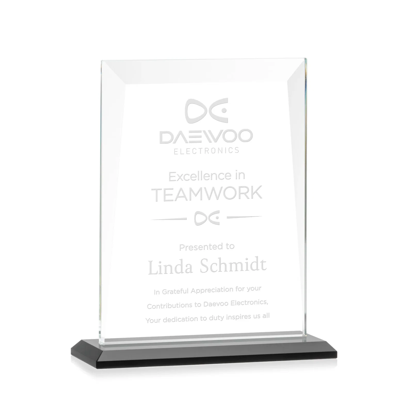 Personalized Jade Glass Rectangle Award With Contrasting Color Base for dealer and partner awards