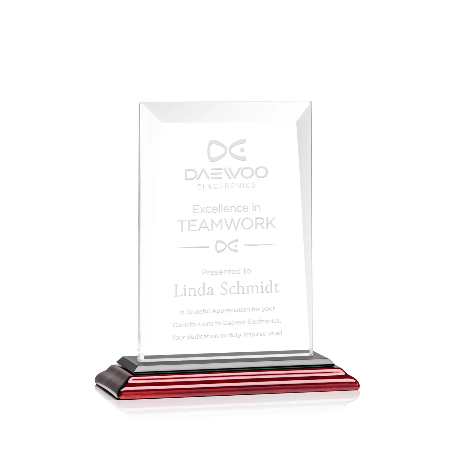 Promotional Jade Glass Rectangle Award With Contrasting Color Base for donor appreciation