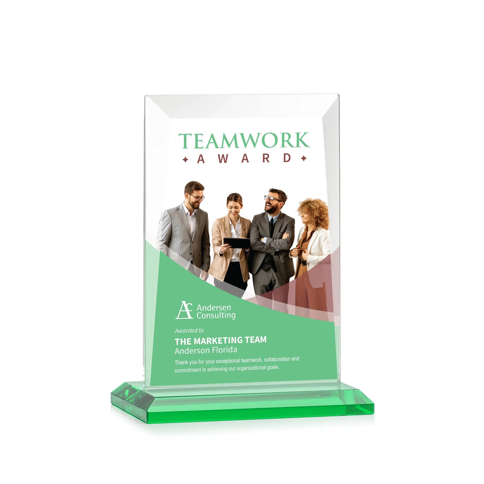 Customized Jade Glass Rectangle Award With Contrasting Color Base for employee recognition