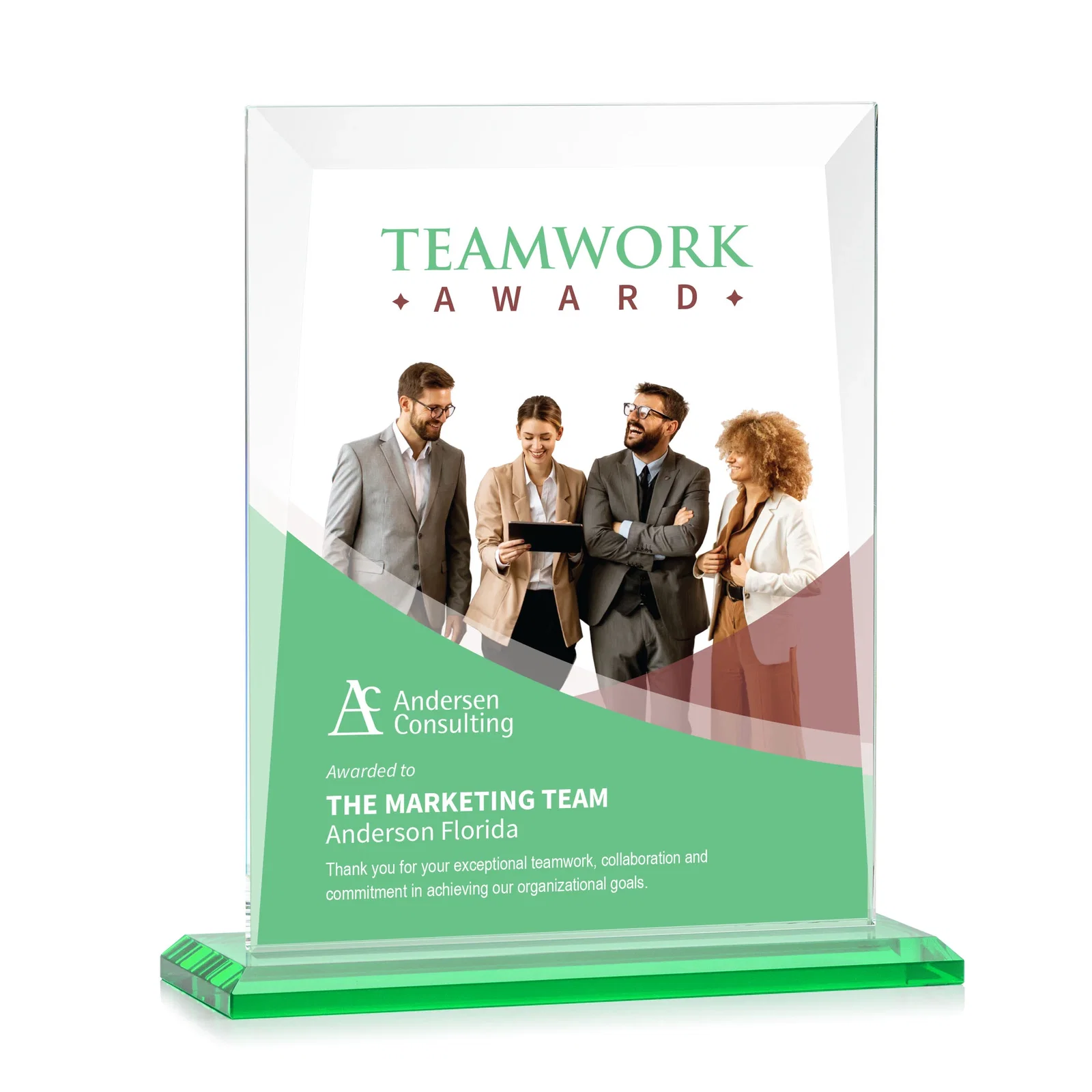 Customized Jade Glass Rectangle Award With Contrasting Color Base for sales achievement awards