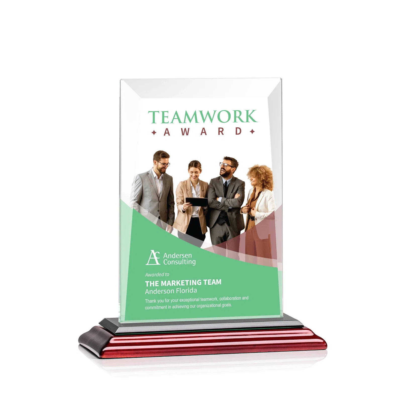 Custom engraved Jade Glass Rectangle Award With Contrasting Color Base for sales achievement awards