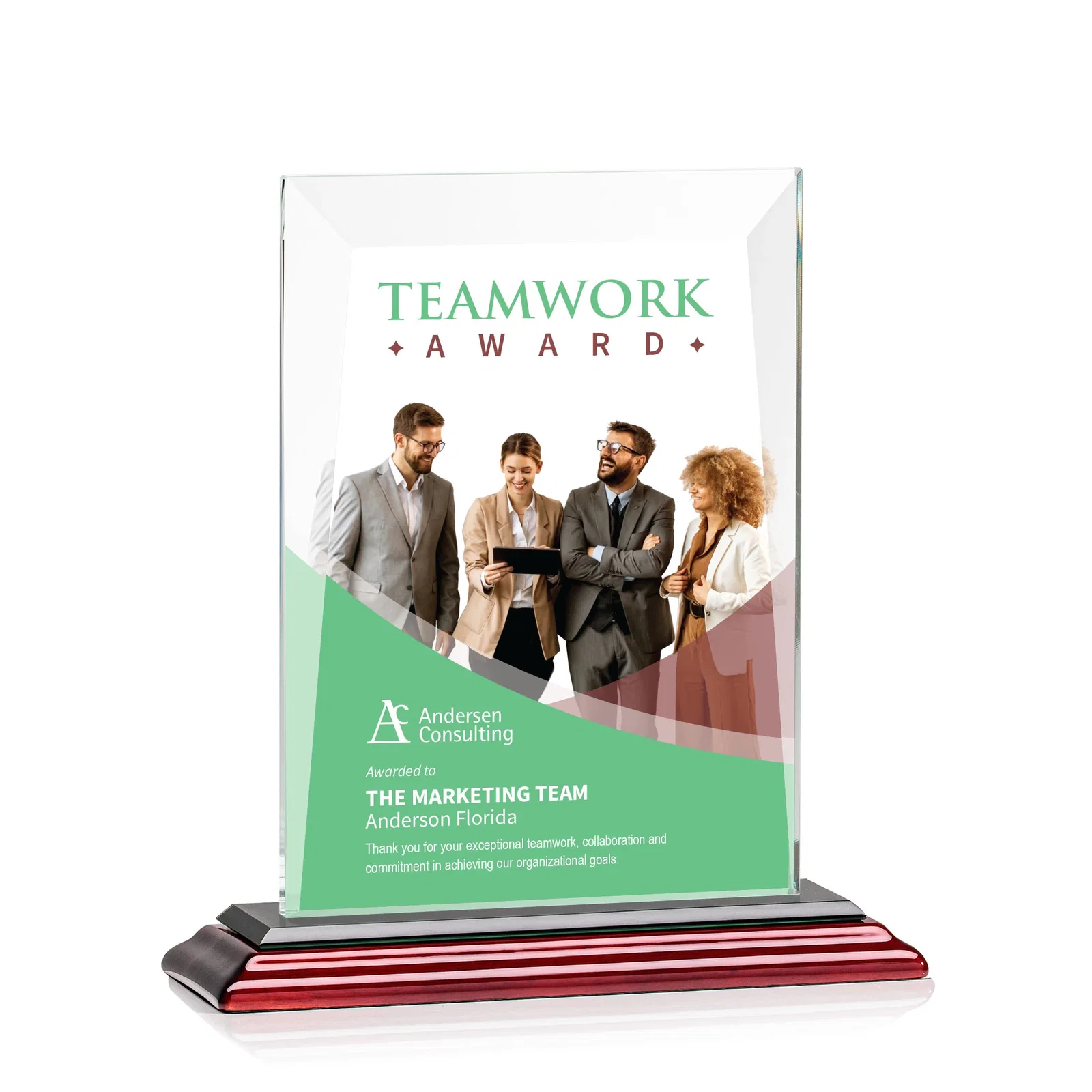 Custom engraved Jade Glass Rectangle Award With Contrasting Color Base for retirement presentations