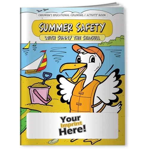 Sunny the Seagull Summer Safety coloring book cover with beach safety theme for kids