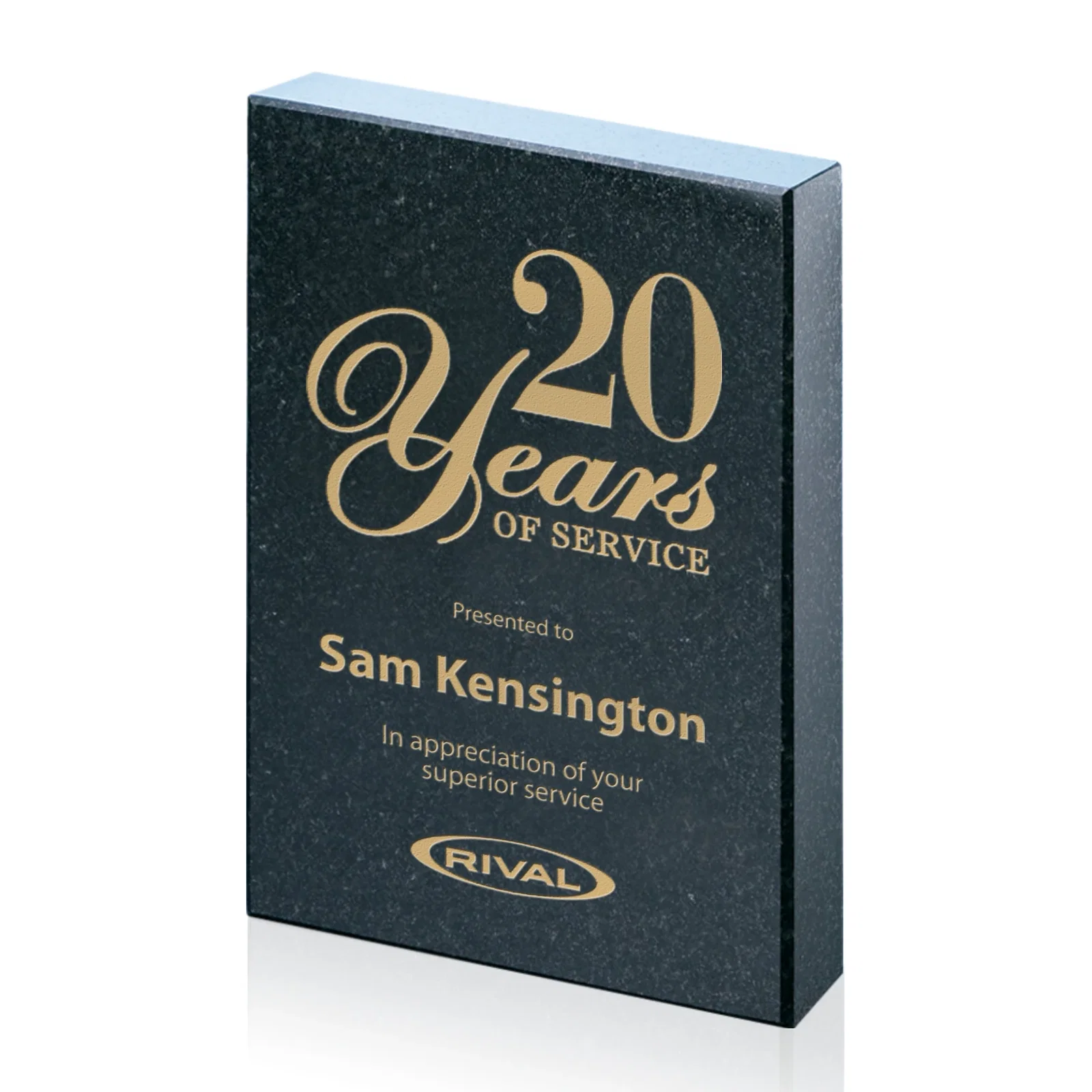 Custom Polished Black Granite Award Block with Swappable Year - Summerland, marble for service anniversary gifts