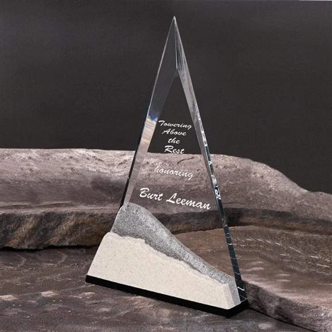 Custom Beveled Acrylic Peak Award on Stonecast Sandstone Hill Base for employee recognition