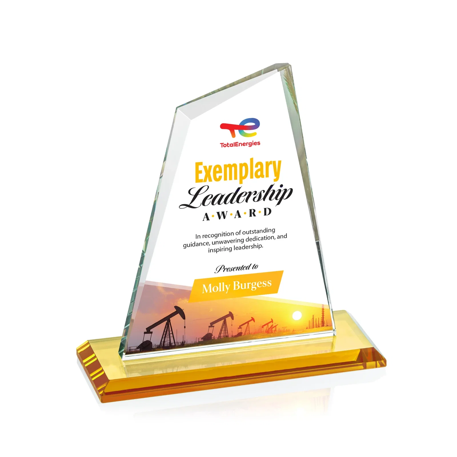 Branded Starfire Crystal Peak Award with White Base in Ten Colors, awards for dealer and partner awards