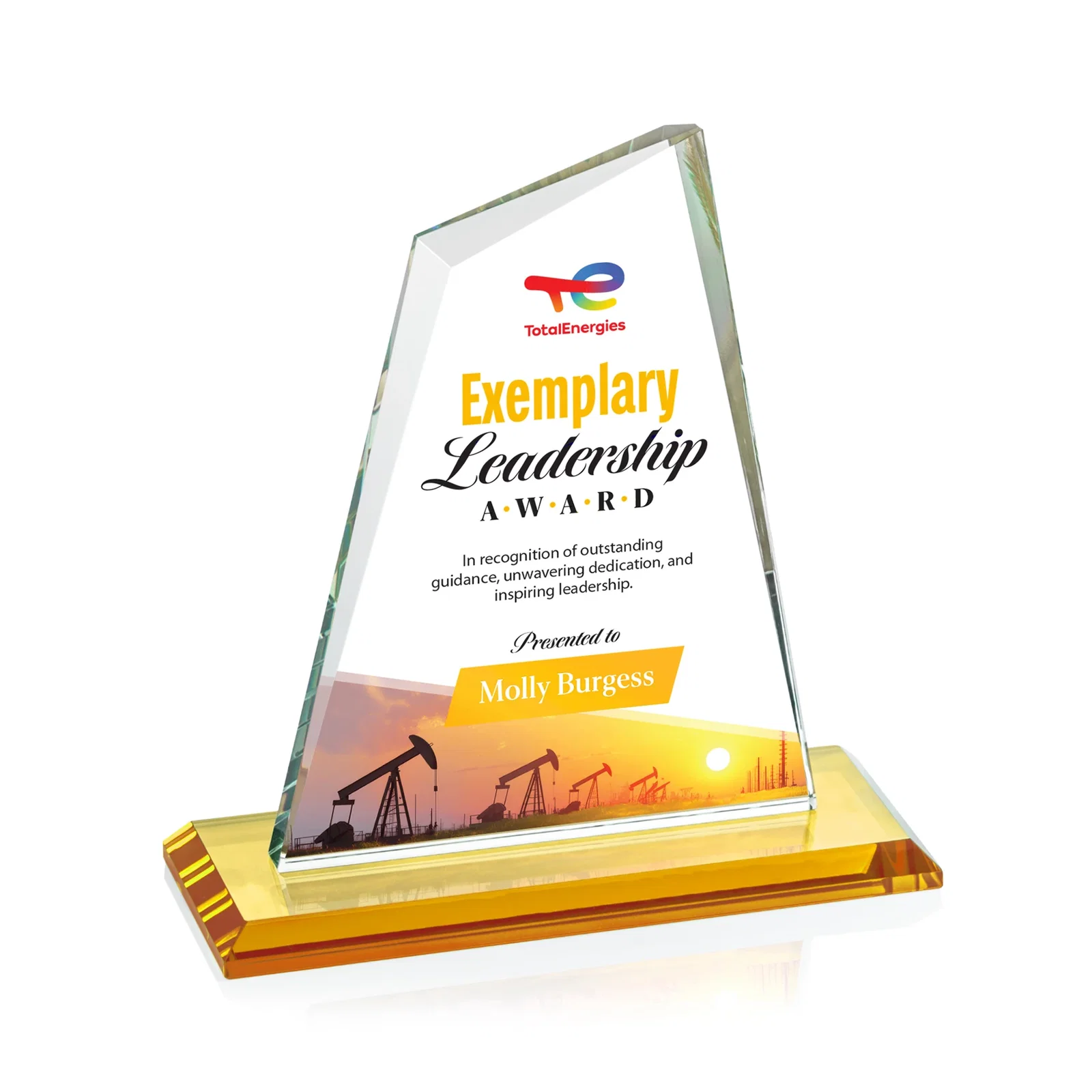 Branded Starfire Crystal Peak Award with White Base in Ten Colors, awards for company anniversary events