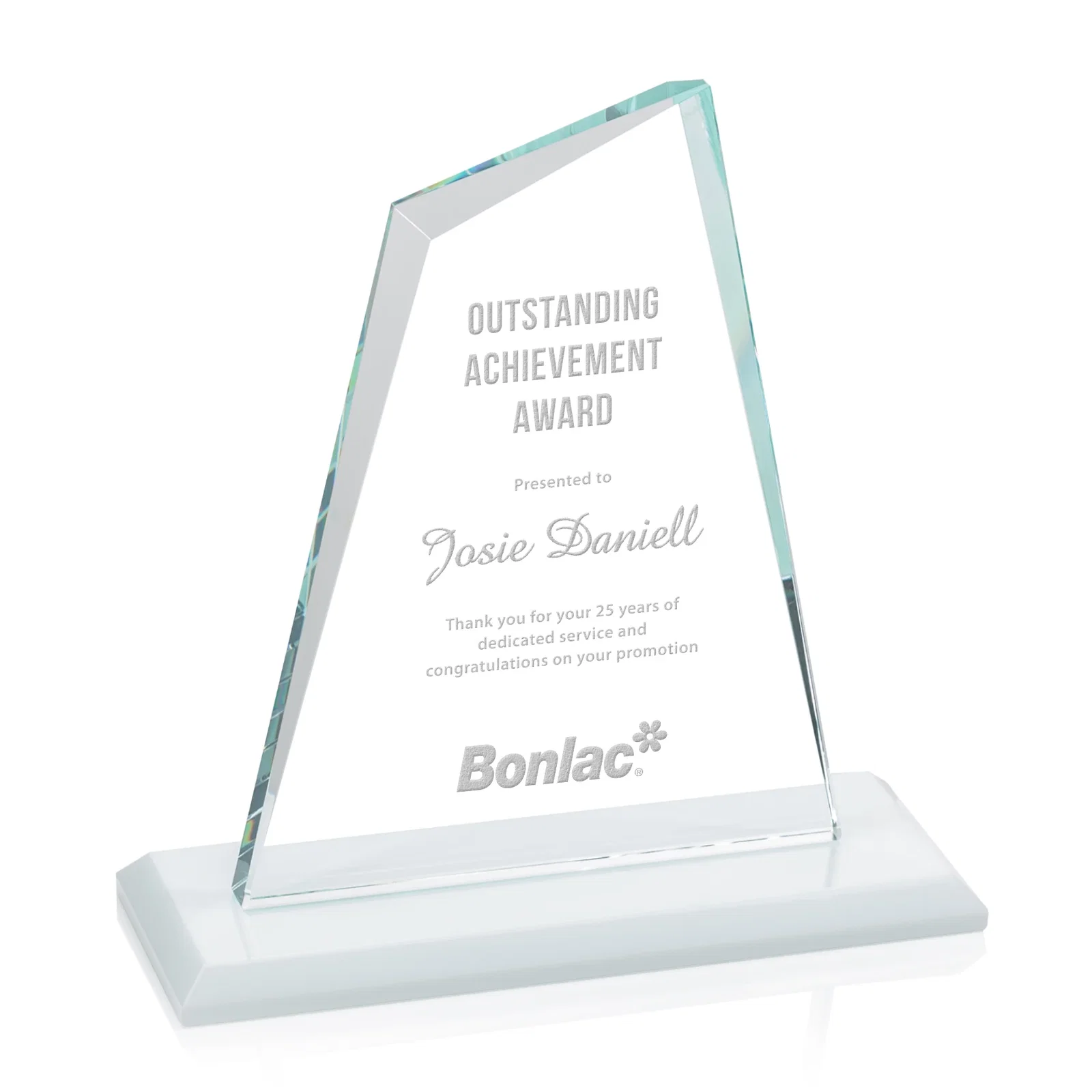 Custom Starfire Crystal Peak Award with White Base in Ten Colors, awards for retirement presentations
