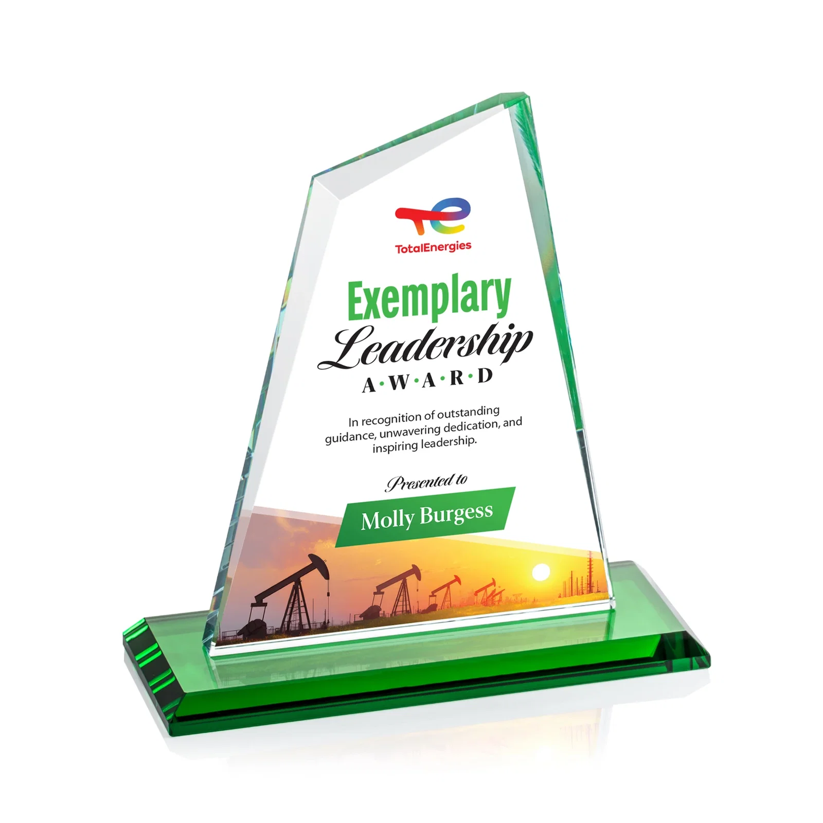 Custom printed Starfire Crystal Peak Award with White Base in Ten Colors, awards for retirement presentations