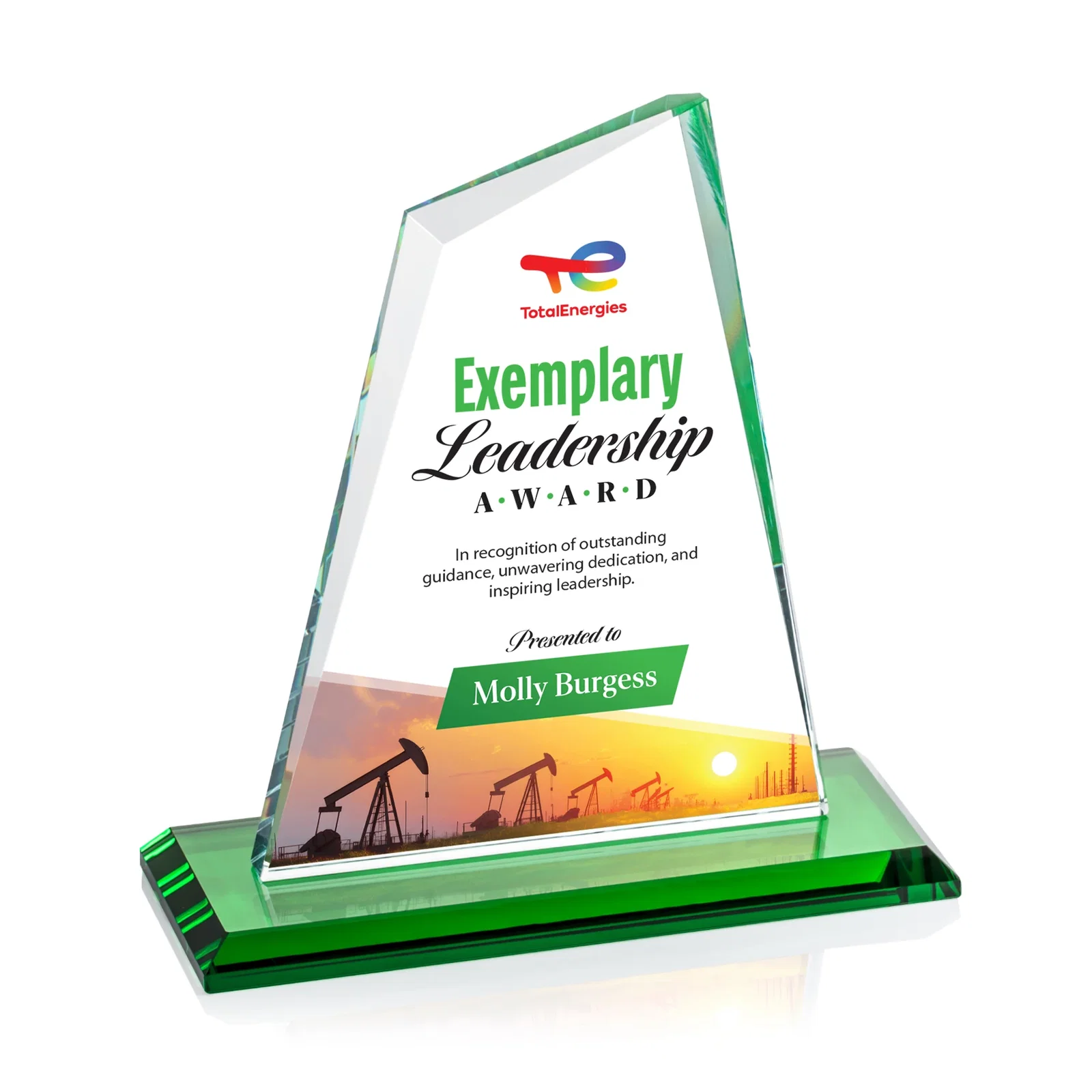 Custom printed Starfire Crystal Peak Award with White Base in Ten Colors, awards for team milestone celebrations