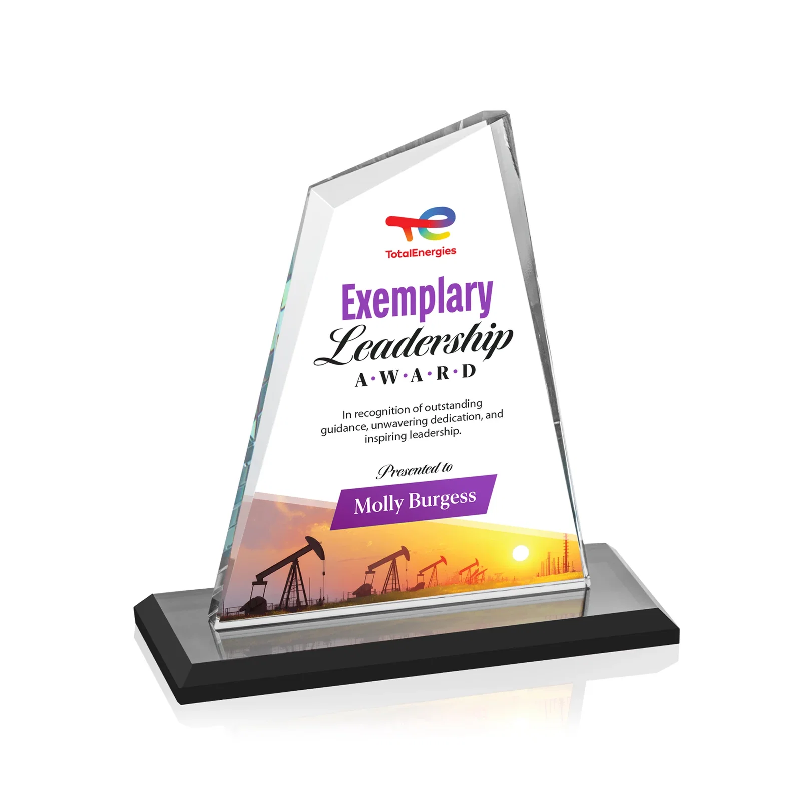 Custom printed Starfire Crystal Peak Award with White Base in Ten Colors, awards for safety achievement programs