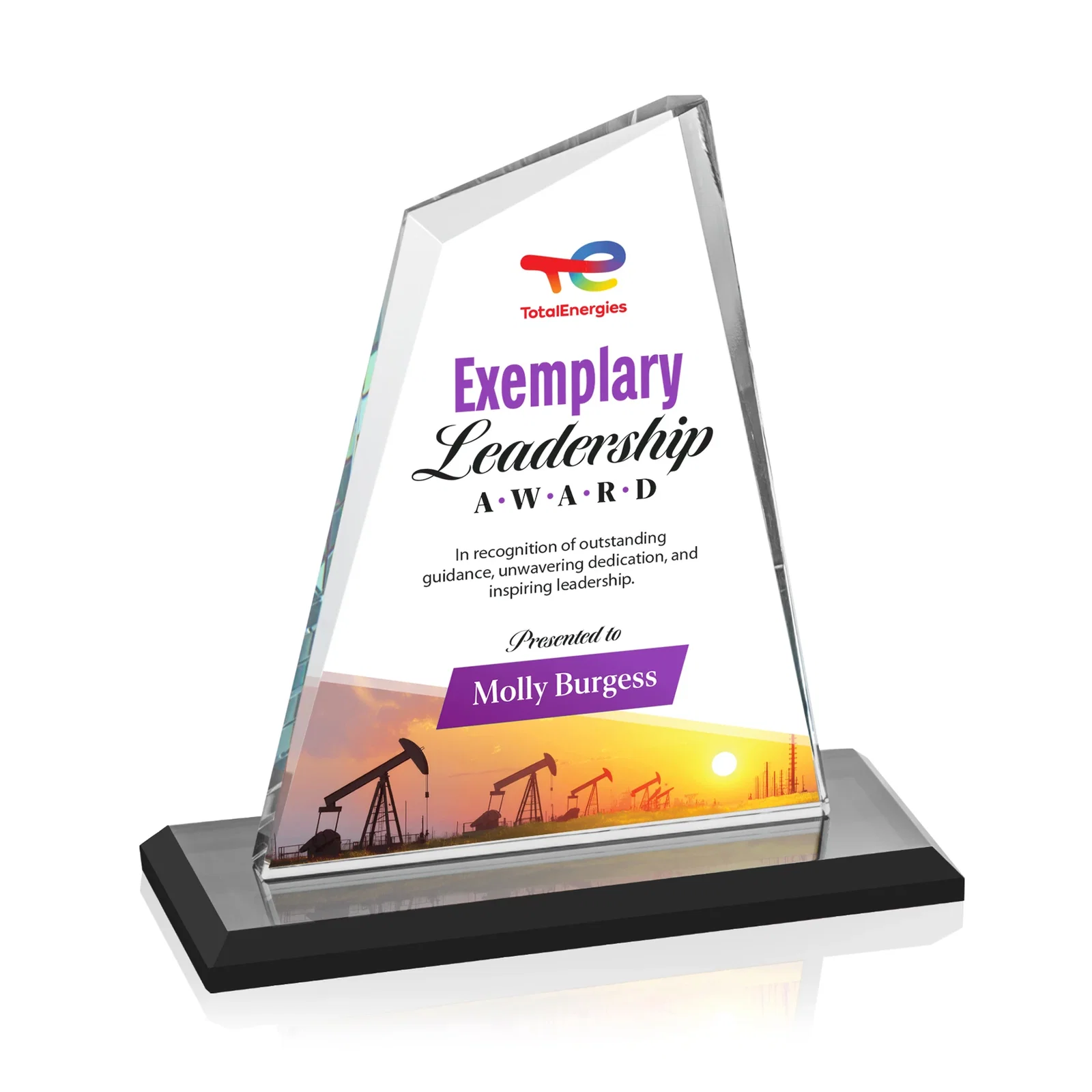 Custom printed Starfire Crystal Peak Award with White Base in Ten Colors, awards for dealer and partner awards