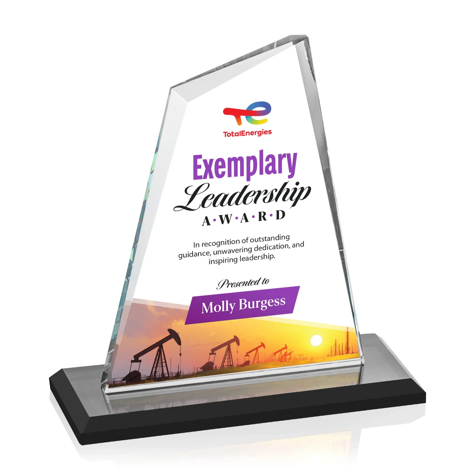 Custom printed Starfire Crystal Peak Award with White Base in Ten Colors, awards for company anniversary events