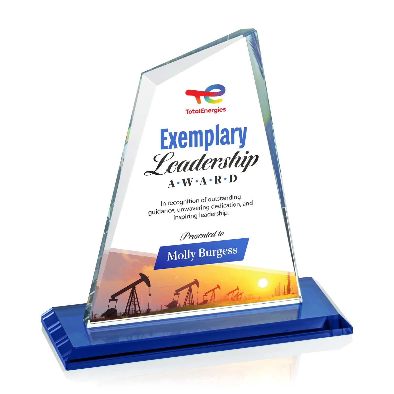 Customized Starfire Crystal Peak Award with White Base in Ten Colors, awards for retirement presentations