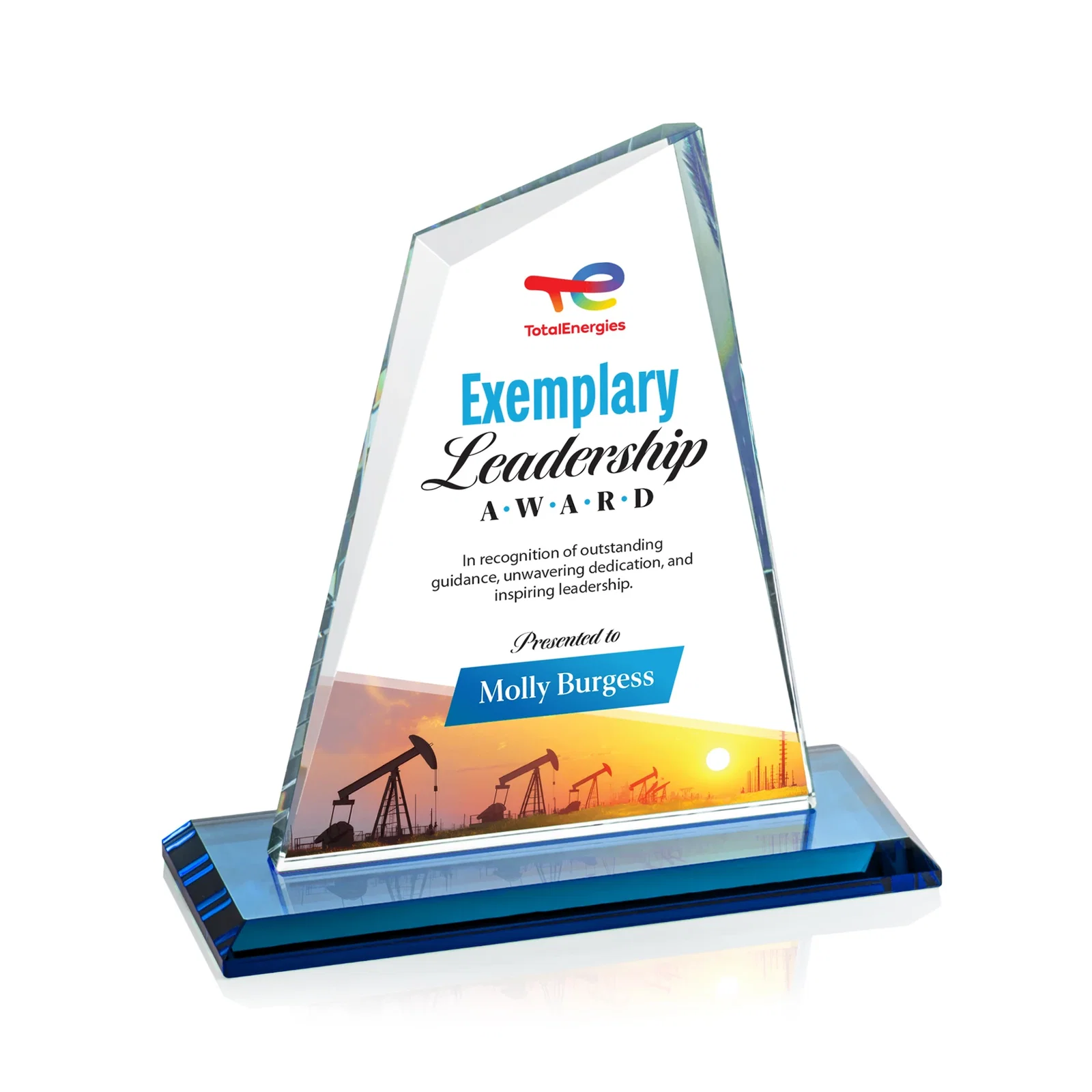 Custom engraved Starfire Crystal Peak Award with White Base in Ten Colors, awards for employee recognition