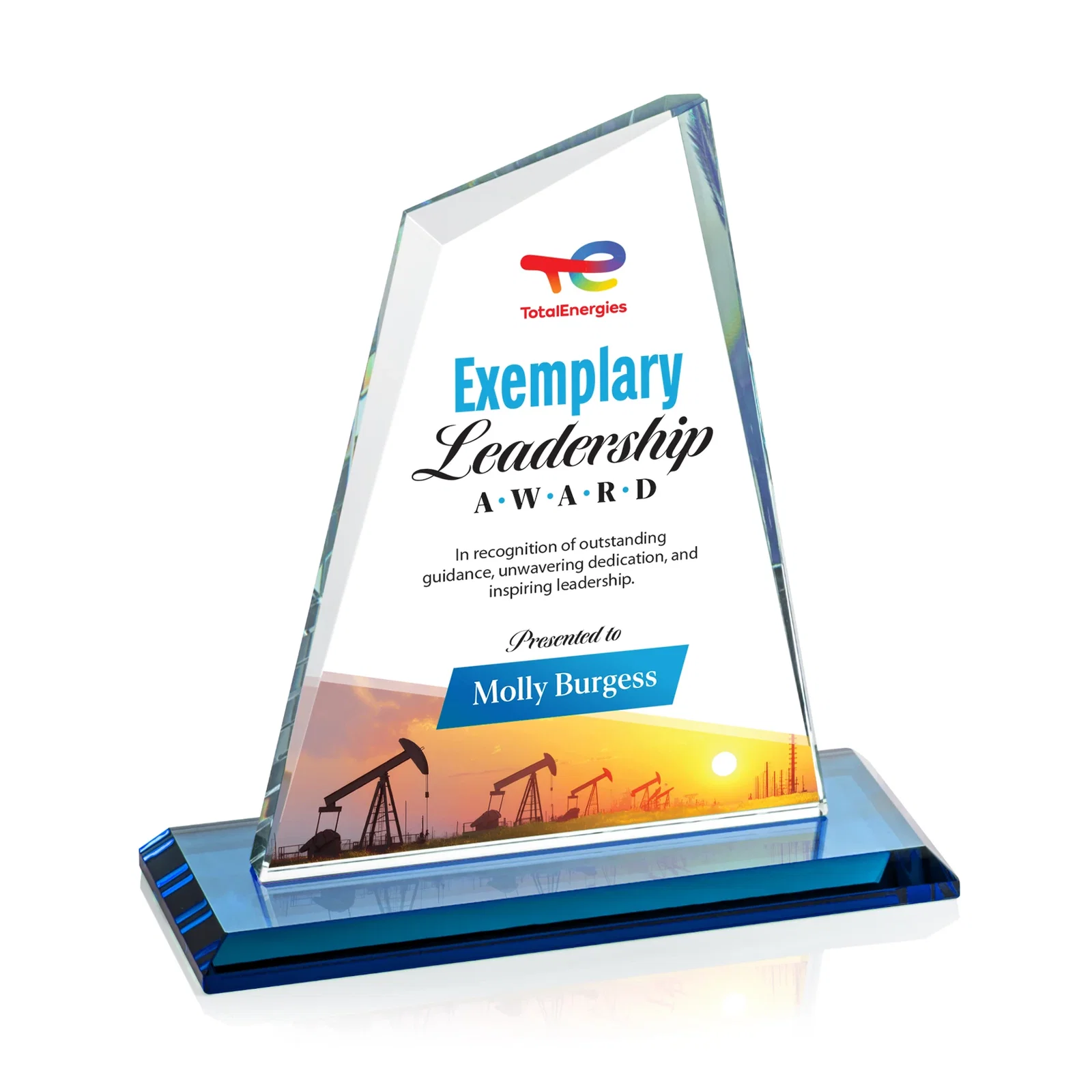 Custom engraved Starfire Crystal Peak Award with White Base in Ten Colors, awards for corporate award ceremonies