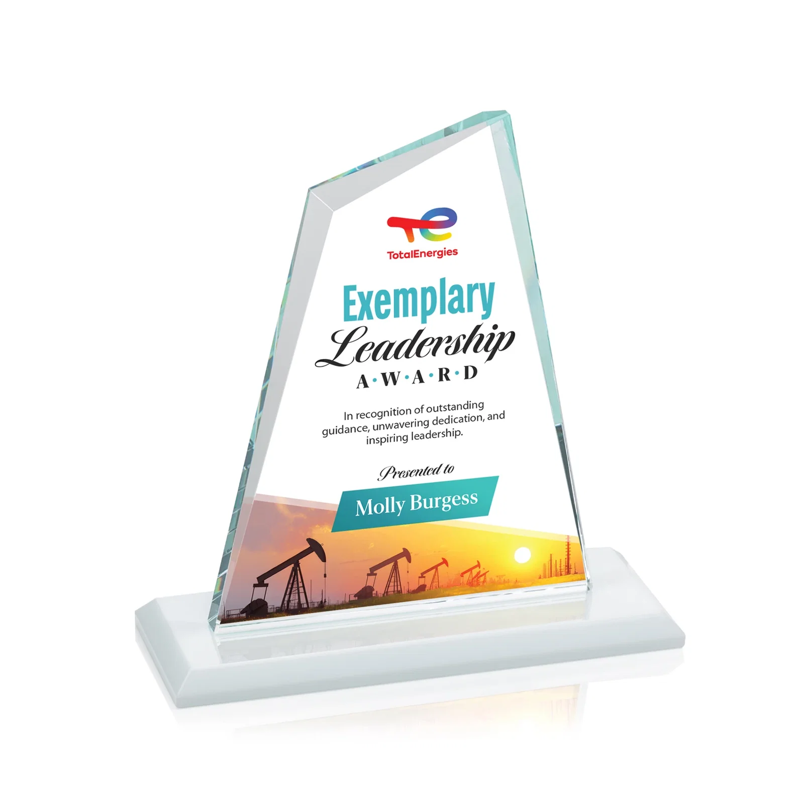 Custom engraved Starfire Crystal Peak Award with White Base in Ten Colors, awards for retirement presentations