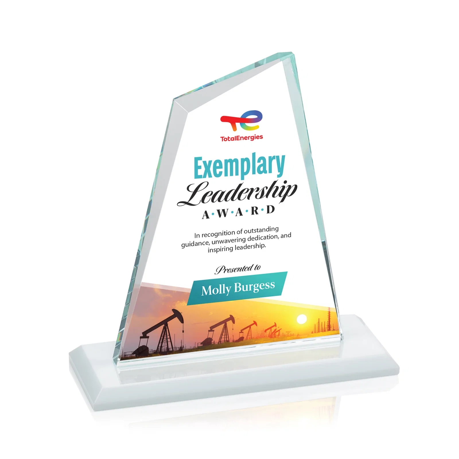 Custom engraved Starfire Crystal Peak Award with White Base in Ten Colors, awards for team milestone celebrations