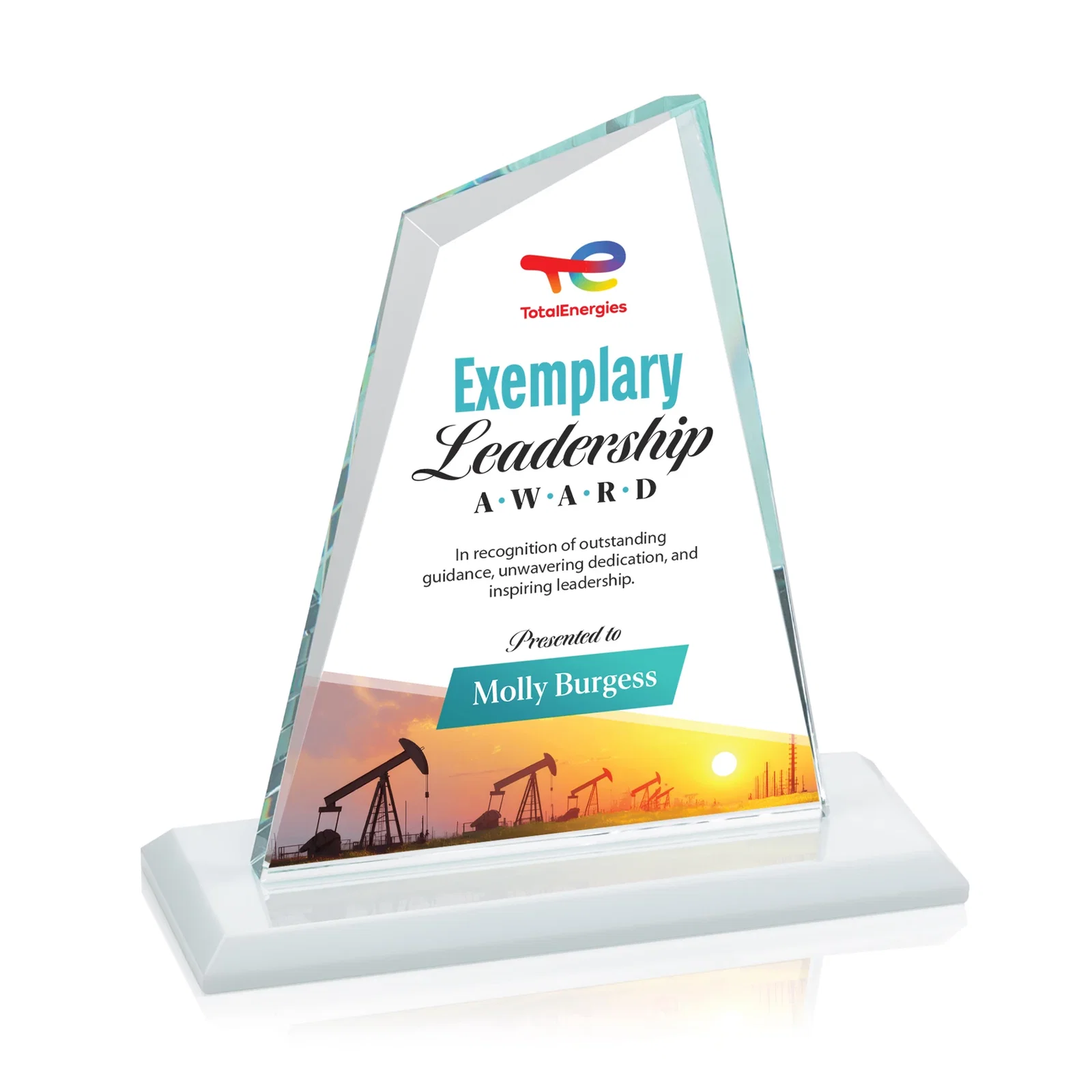 Custom engraved Starfire Crystal Peak Award with White Base in Ten Colors, awards for donor appreciation