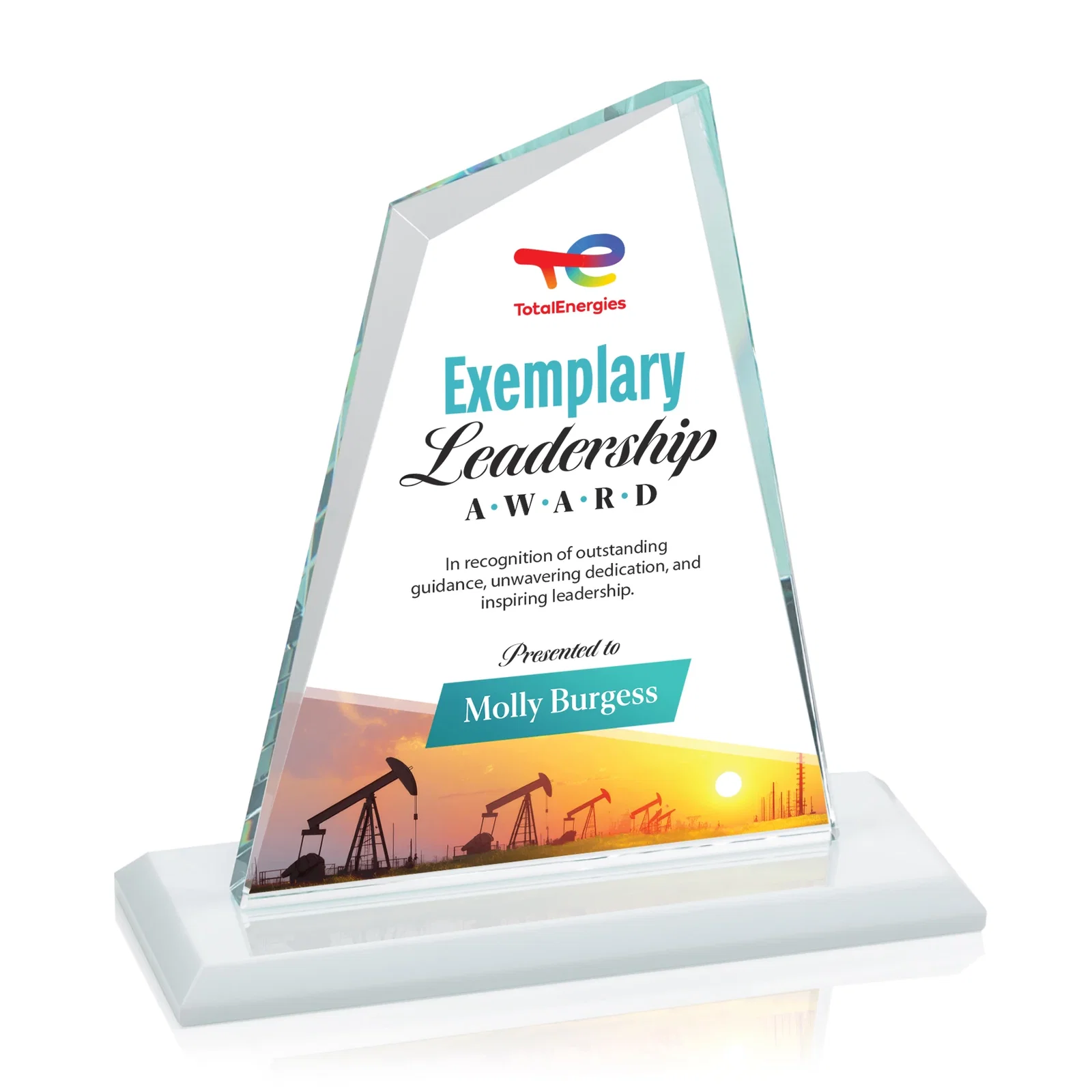 Custom engraved Starfire Crystal Peak Award with White Base in Ten Colors, awards for graduation ceremonies