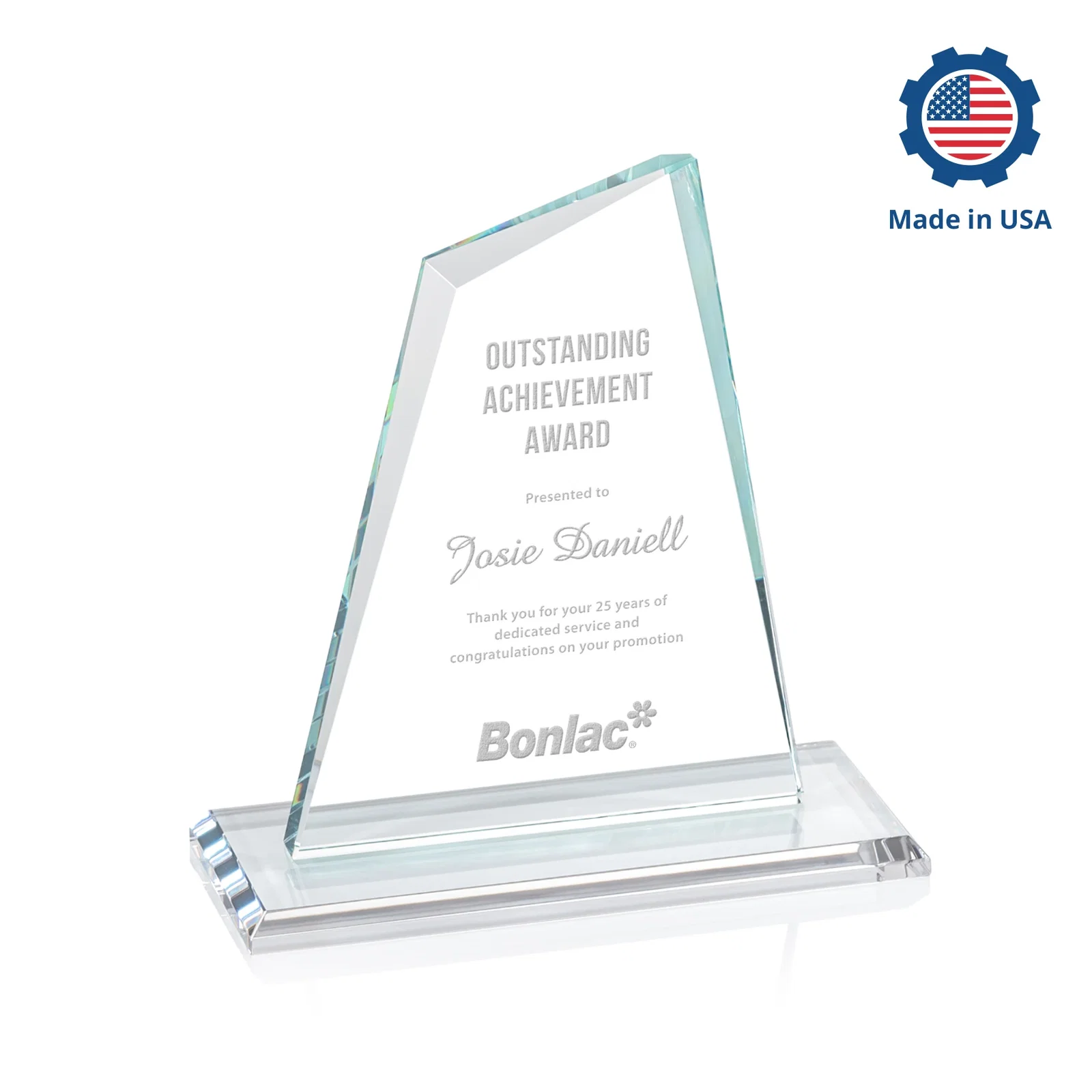 Custom engraved Starfire Crystal Peak Award with White Base in Ten Colors, awards for volunteer appreciation