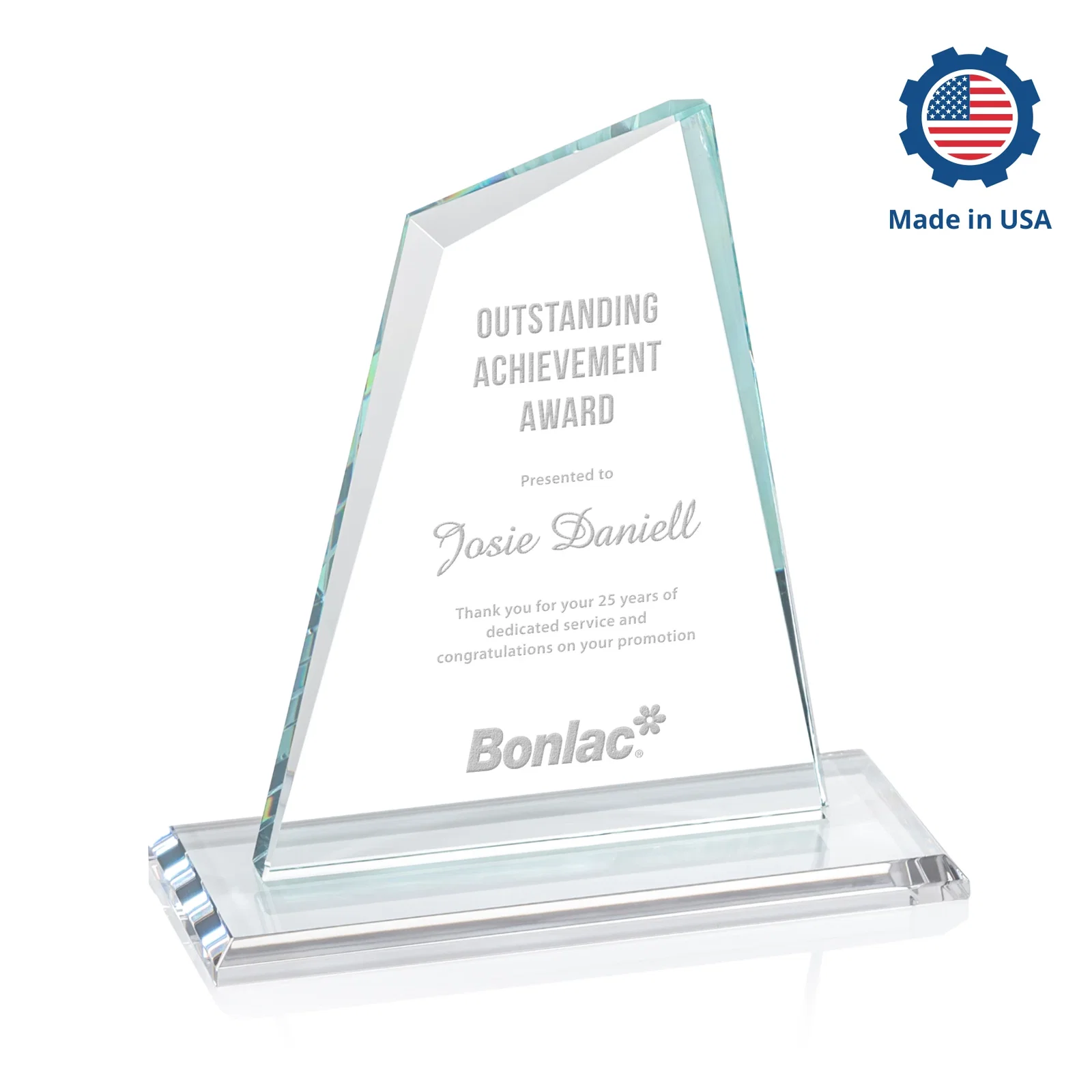 Custom engraved Starfire Crystal Peak Award with White Base in Ten Colors, awards for company anniversary events