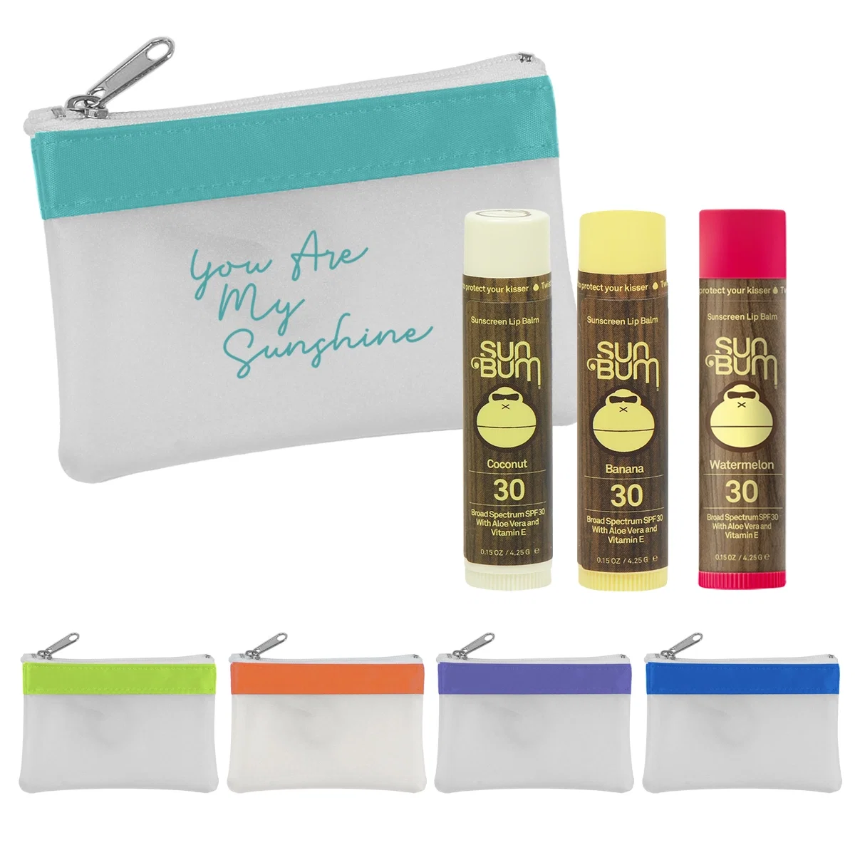 Three-piece lip balm kit with watermelon, banana and coconut flavors