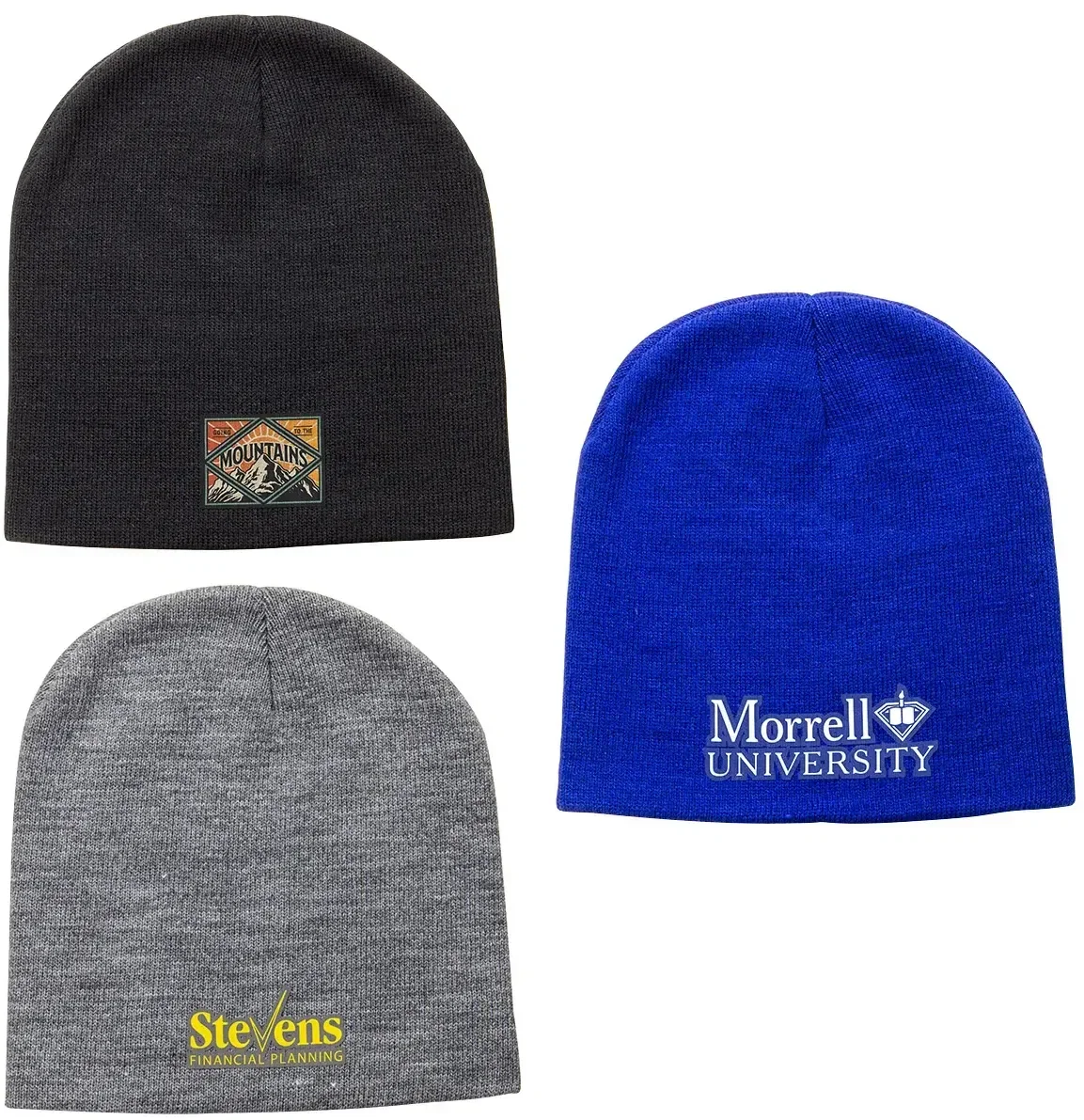 Custom branded Sundance RPET beanie, front view of the promotional recycled knit beanie with logo space
