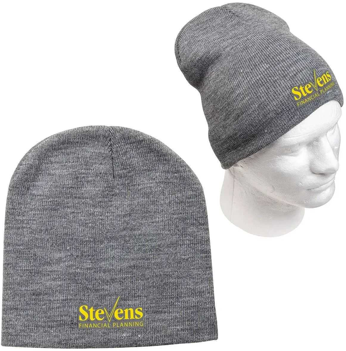 Angled view of the branded Sundance knit beanie made from recycled bottles, custom promotional beanie