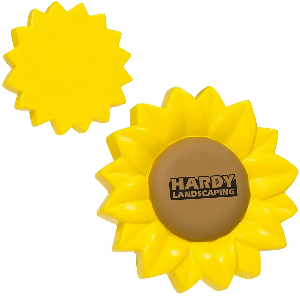 Sunflower-shaped custom stress reliever squeeze toy with logo branding, front view