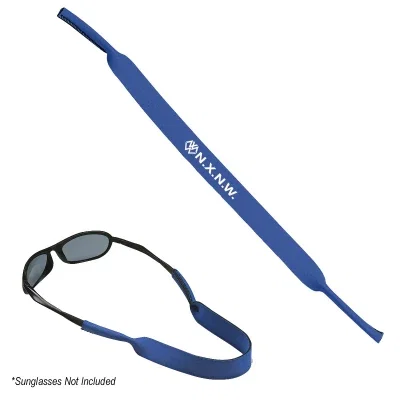 Black eyewear retainer strap coiled on a plain white surface