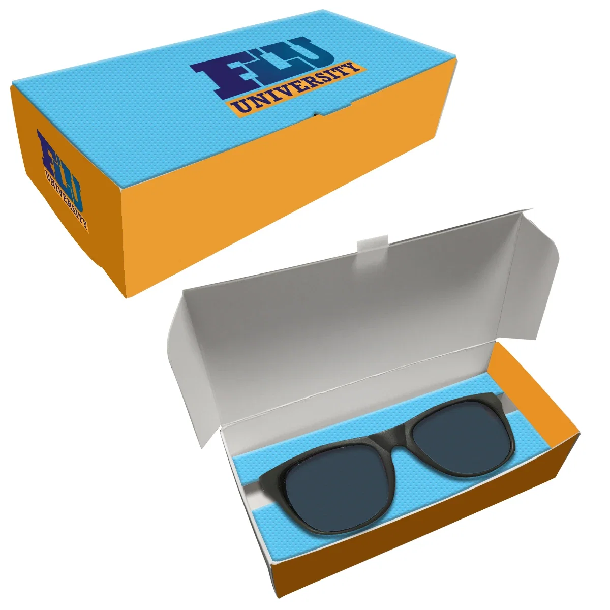Six inch carton opened to show the eyewear inside