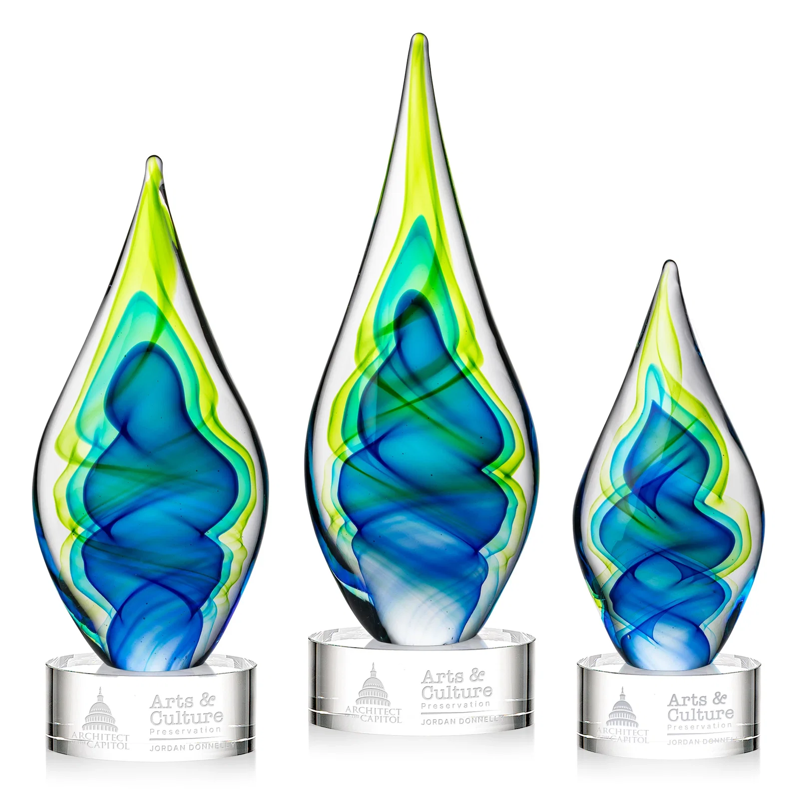 Custom Blue and Green Glass Teardrop Award With Layered Color Flow for employee recognition