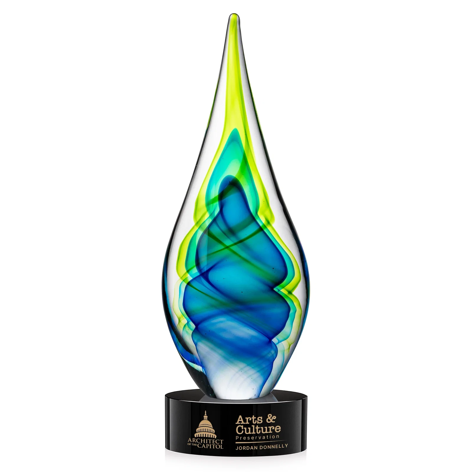 Custom Blue and Green Glass Teardrop Award With Layered Color Flow for volunteer appreciation