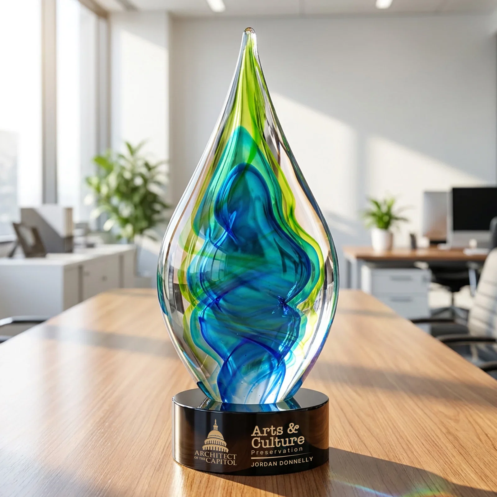 Custom Blue and Green Glass Teardrop Award With Layered Color Flow for dealer and partner awards