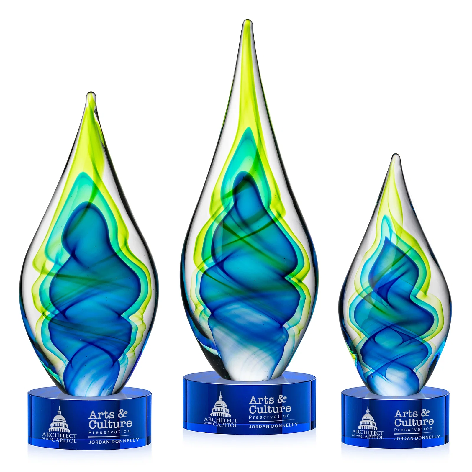 Custom Blue and Green Glass Teardrop Award With Layered Color Flow for company anniversary events