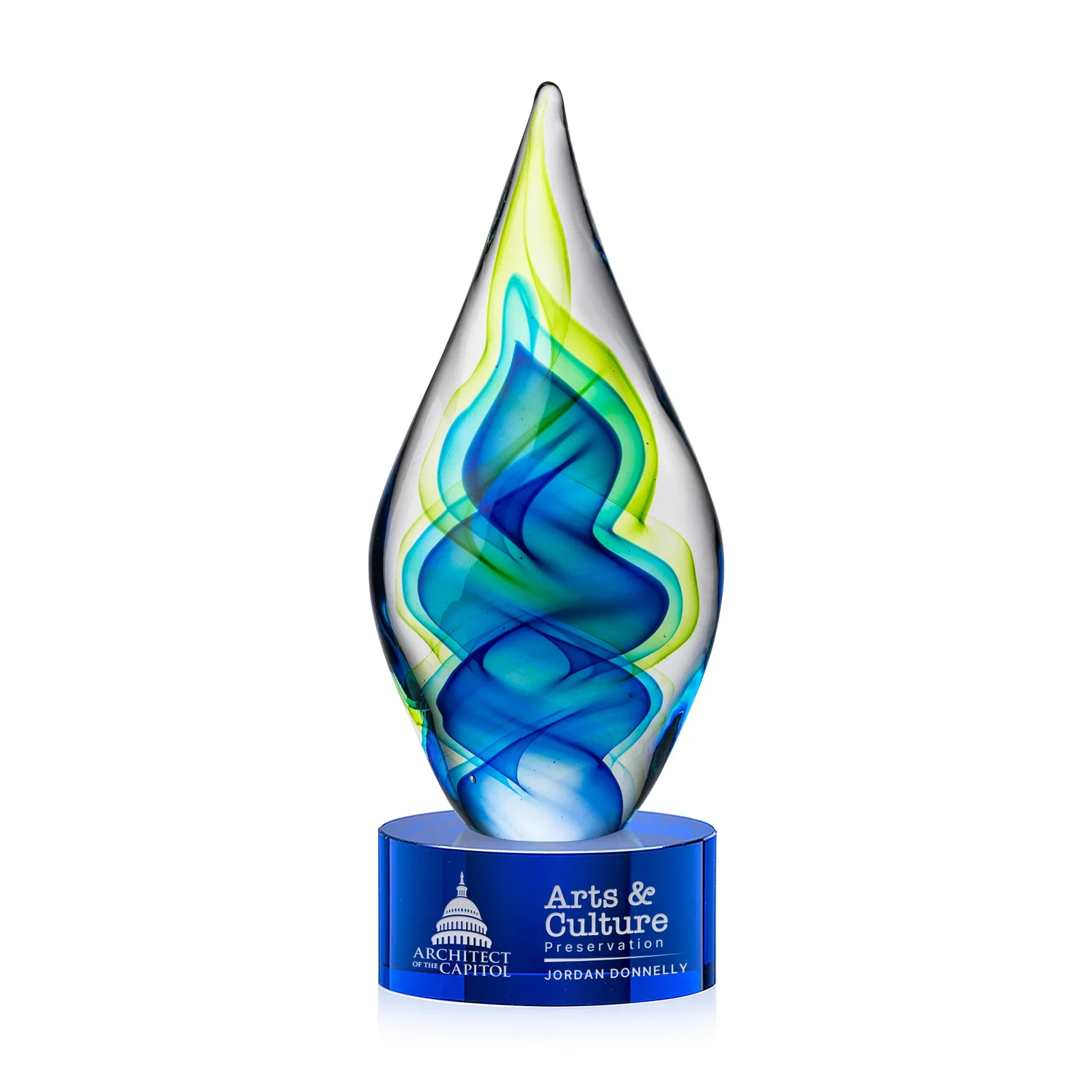 Personalized Blue and Green Glass Teardrop Award With Layered Color Flow for employee recognition
