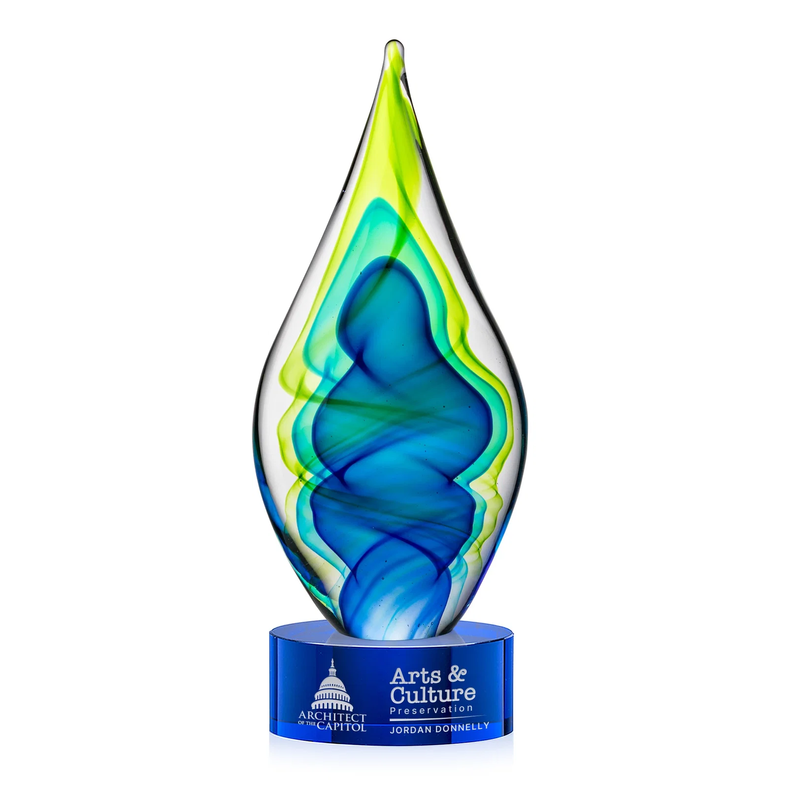 Personalized Blue and Green Glass Teardrop Award With Layered Color Flow for corporate award ceremonies