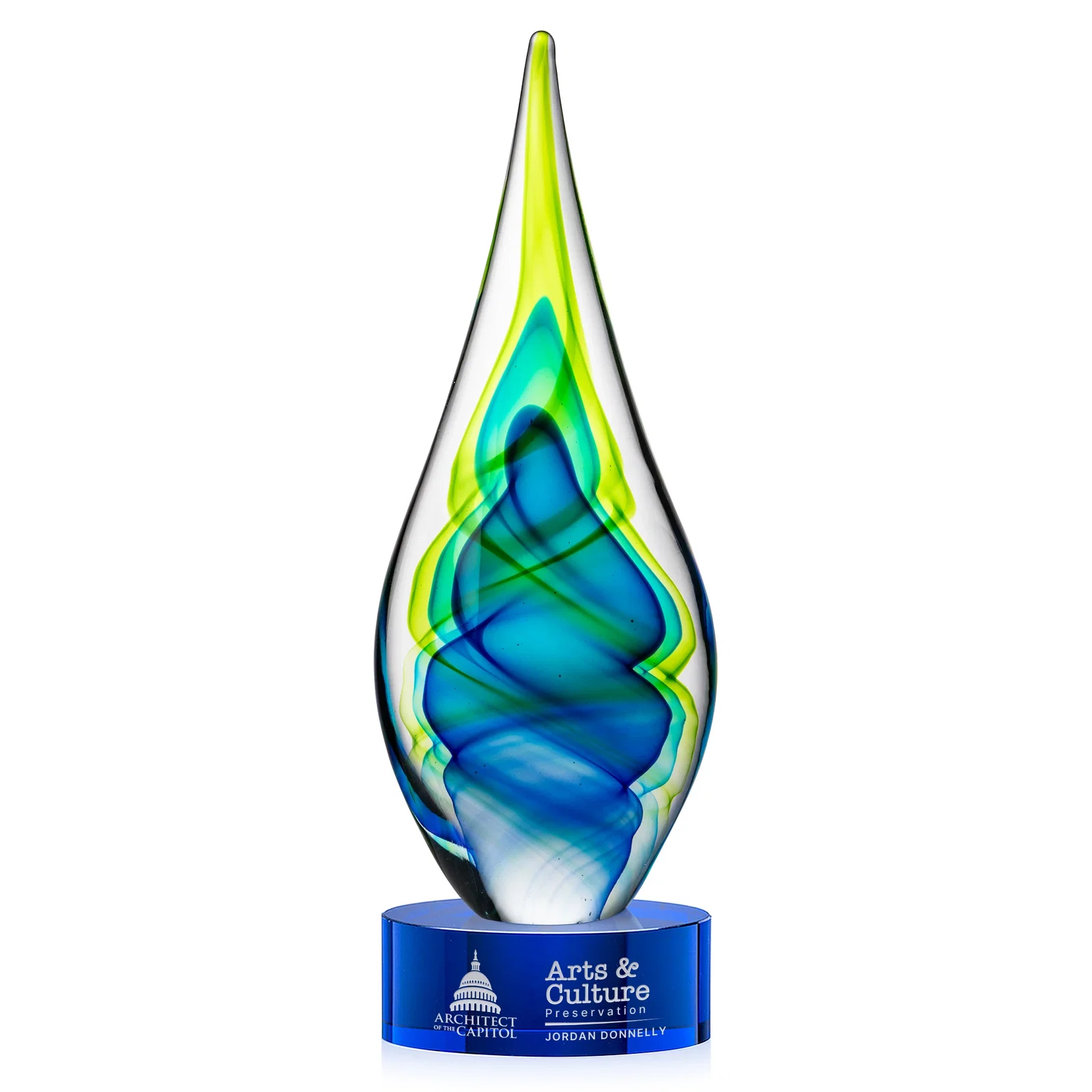 Personalized Blue and Green Glass Teardrop Award With Layered Color Flow for service anniversary gifts