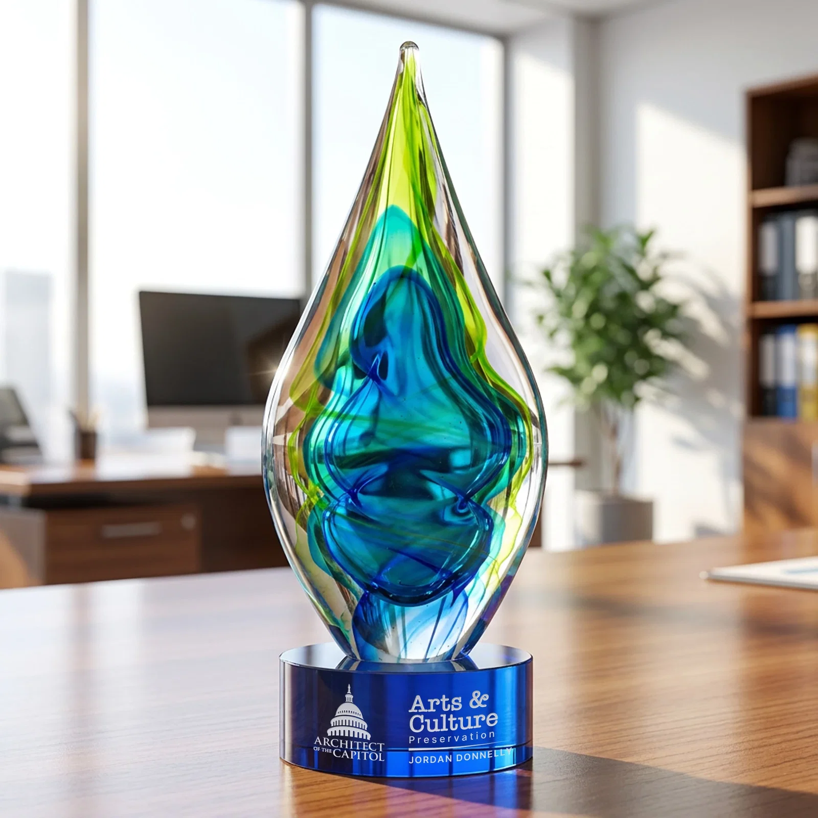 Personalized Blue and Green Glass Teardrop Award With Layered Color Flow for sales achievement awards