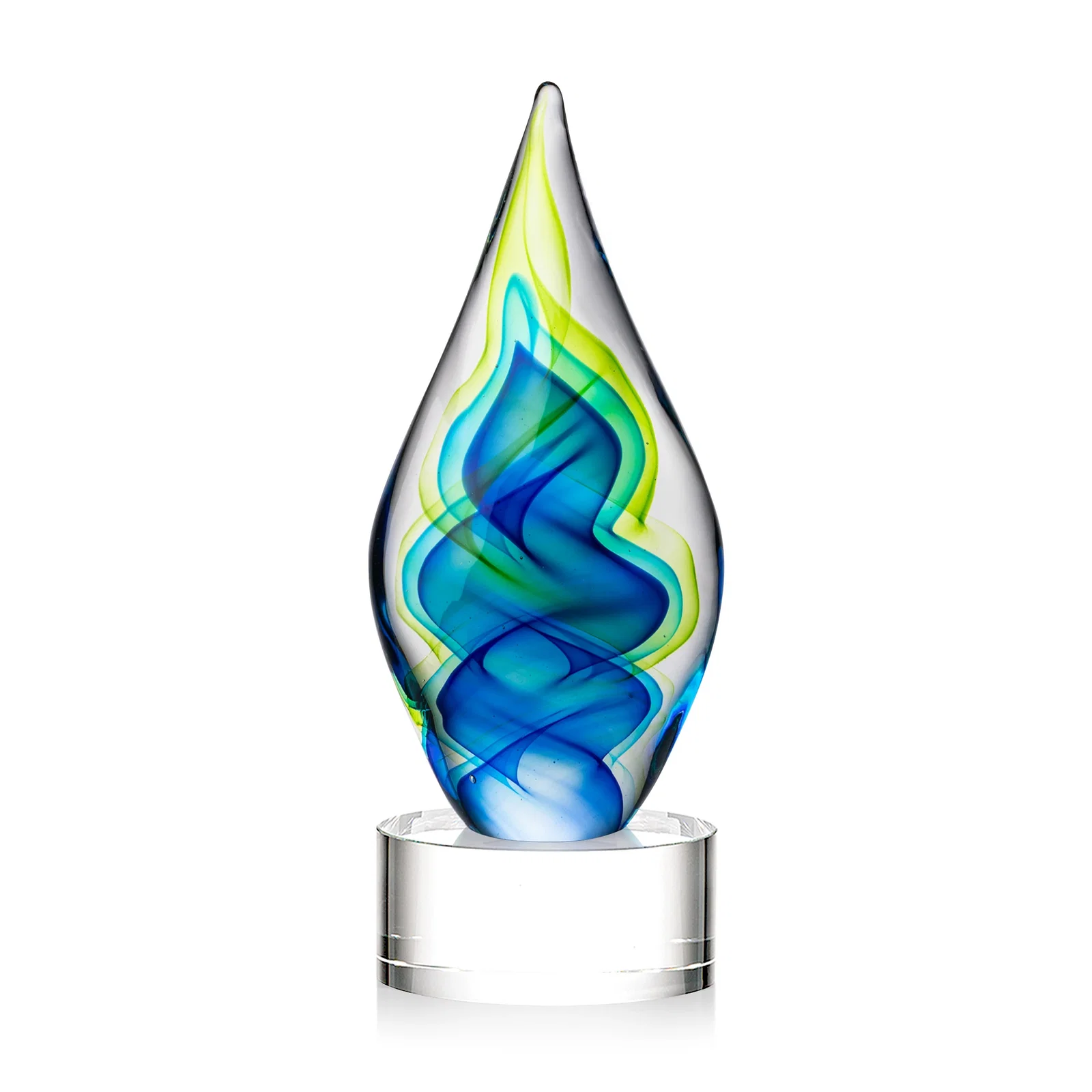 Personalized Blue and Green Glass Teardrop Award With Layered Color Flow for retirement presentations