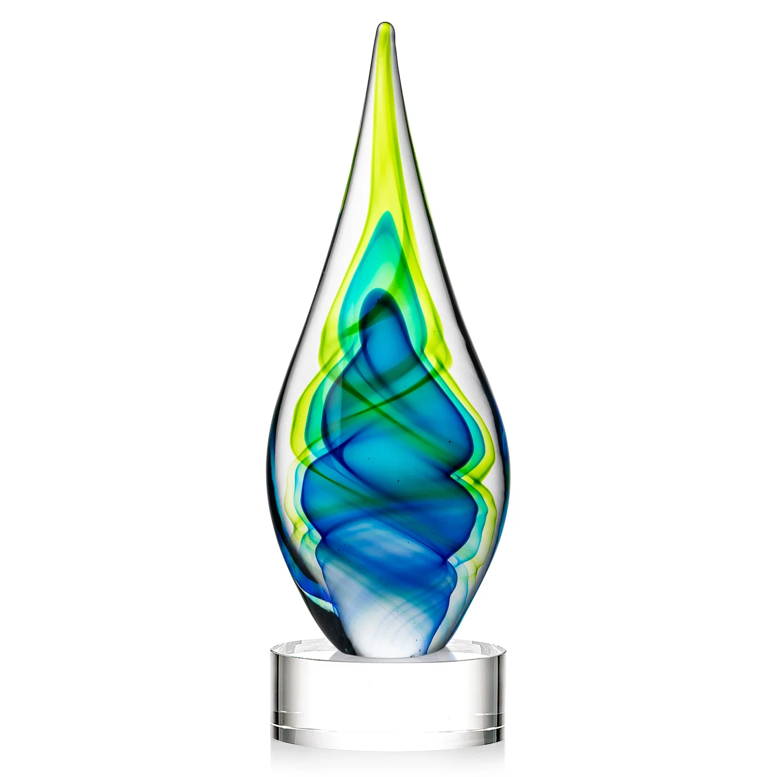Personalized Blue and Green Glass Teardrop Award With Layered Color Flow for donor appreciation