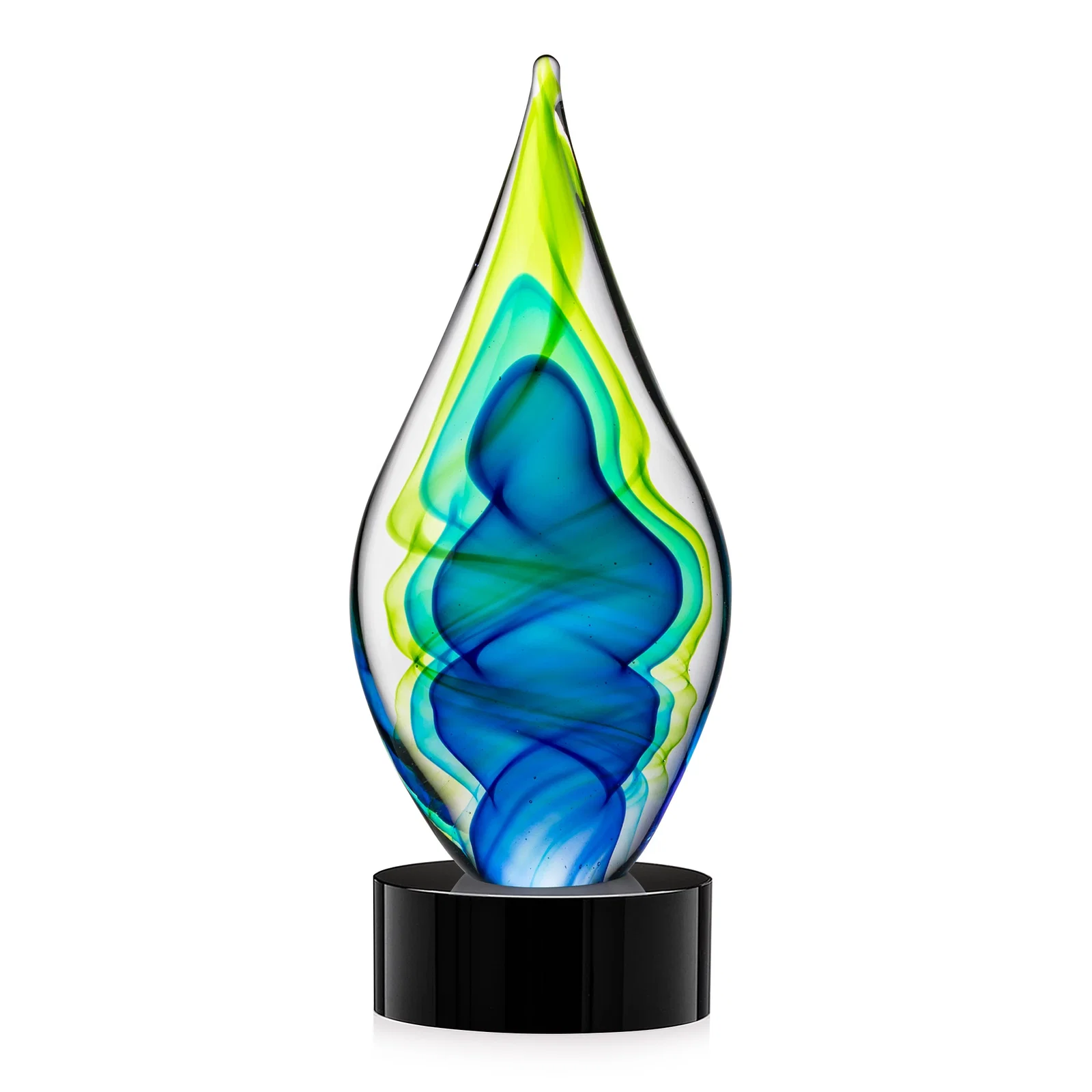 Personalized Blue and Green Glass Teardrop Award With Layered Color Flow for safety achievement programs