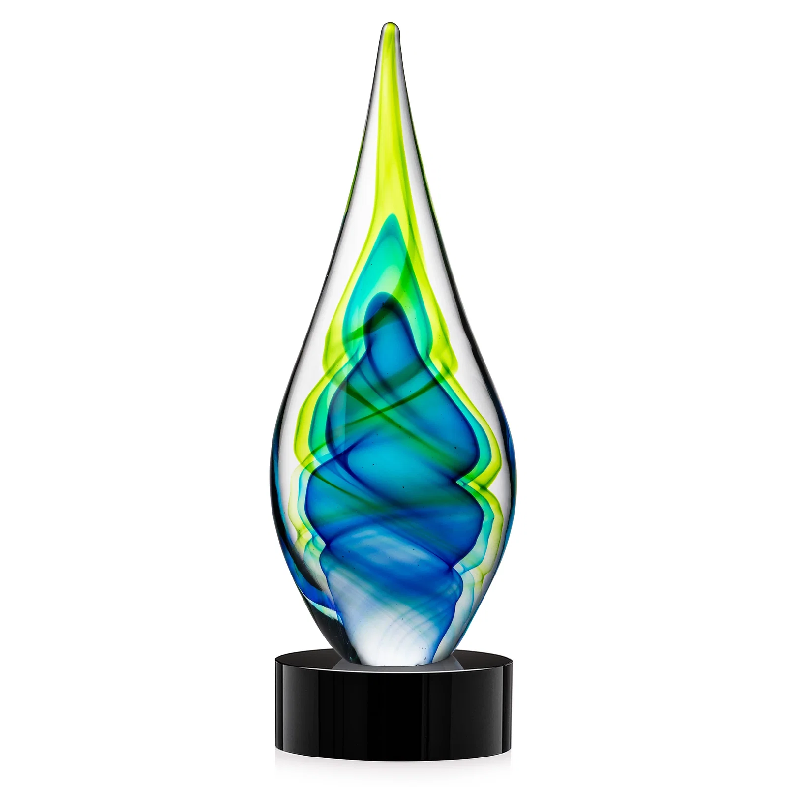 Personalized Blue and Green Glass Teardrop Award With Layered Color Flow for volunteer appreciation