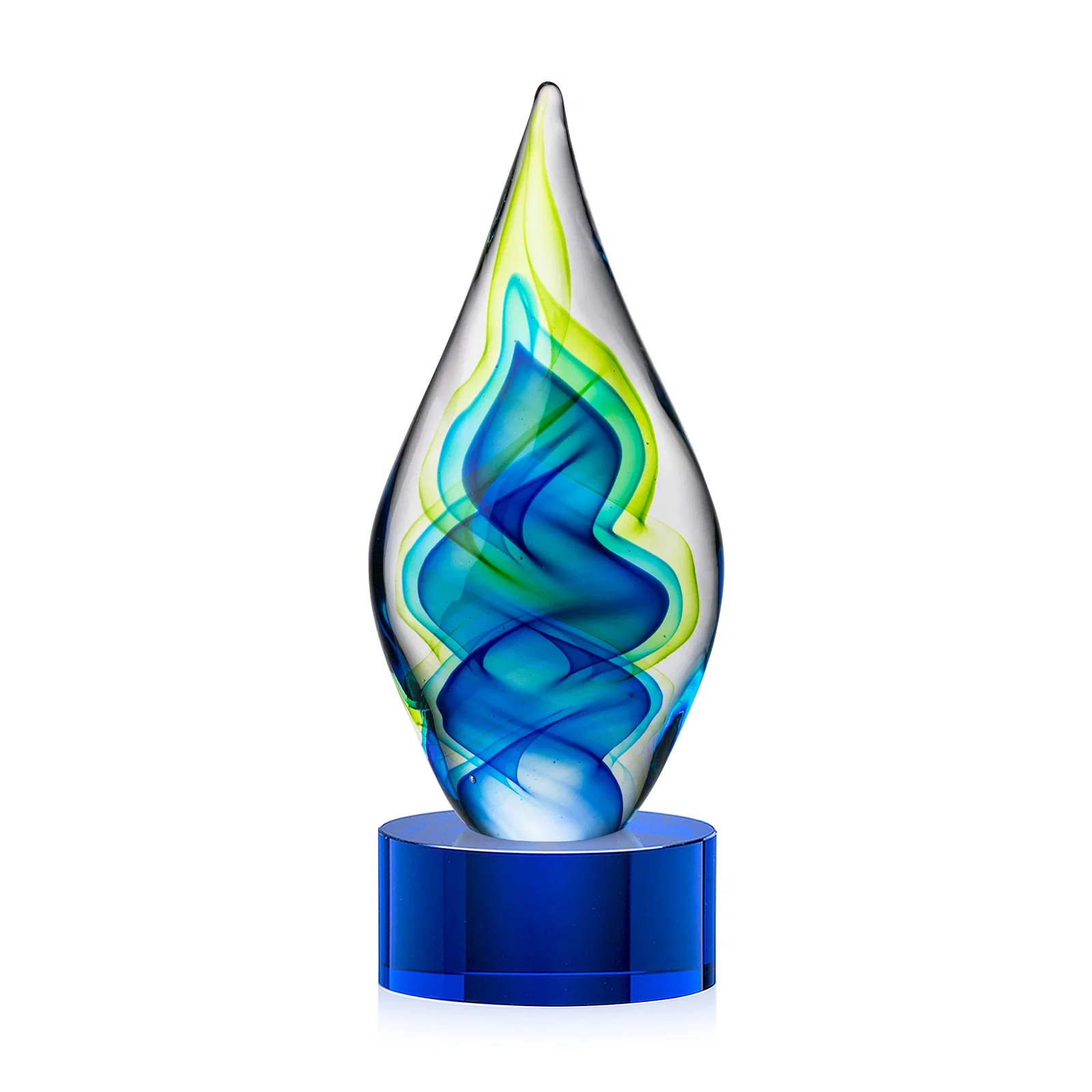 Personalized Blue and Green Glass Teardrop Award With Layered Color Flow for dealer and partner awards
