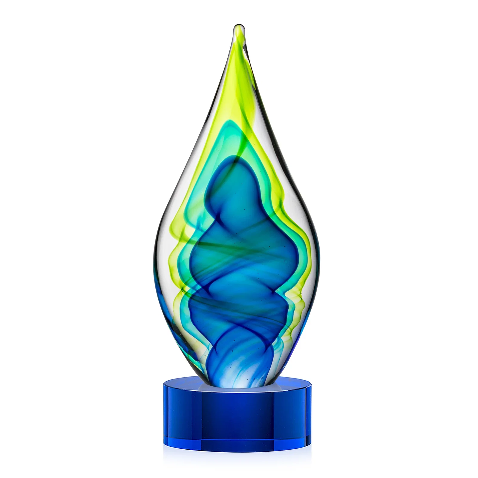Personalized Blue and Green Glass Teardrop Award With Layered Color Flow for company anniversary events