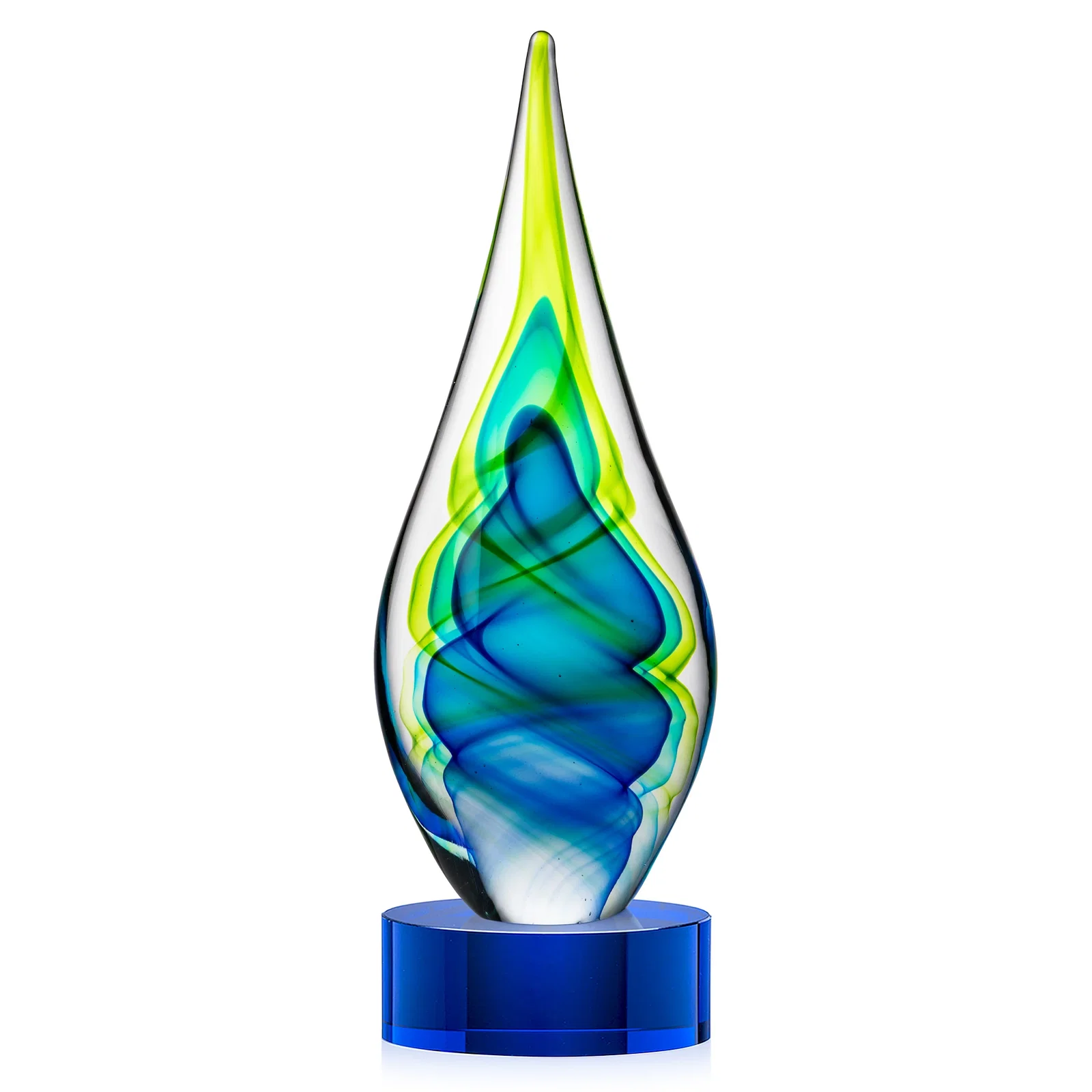Promotional Blue and Green Glass Teardrop Award With Layered Color Flow for employee recognition