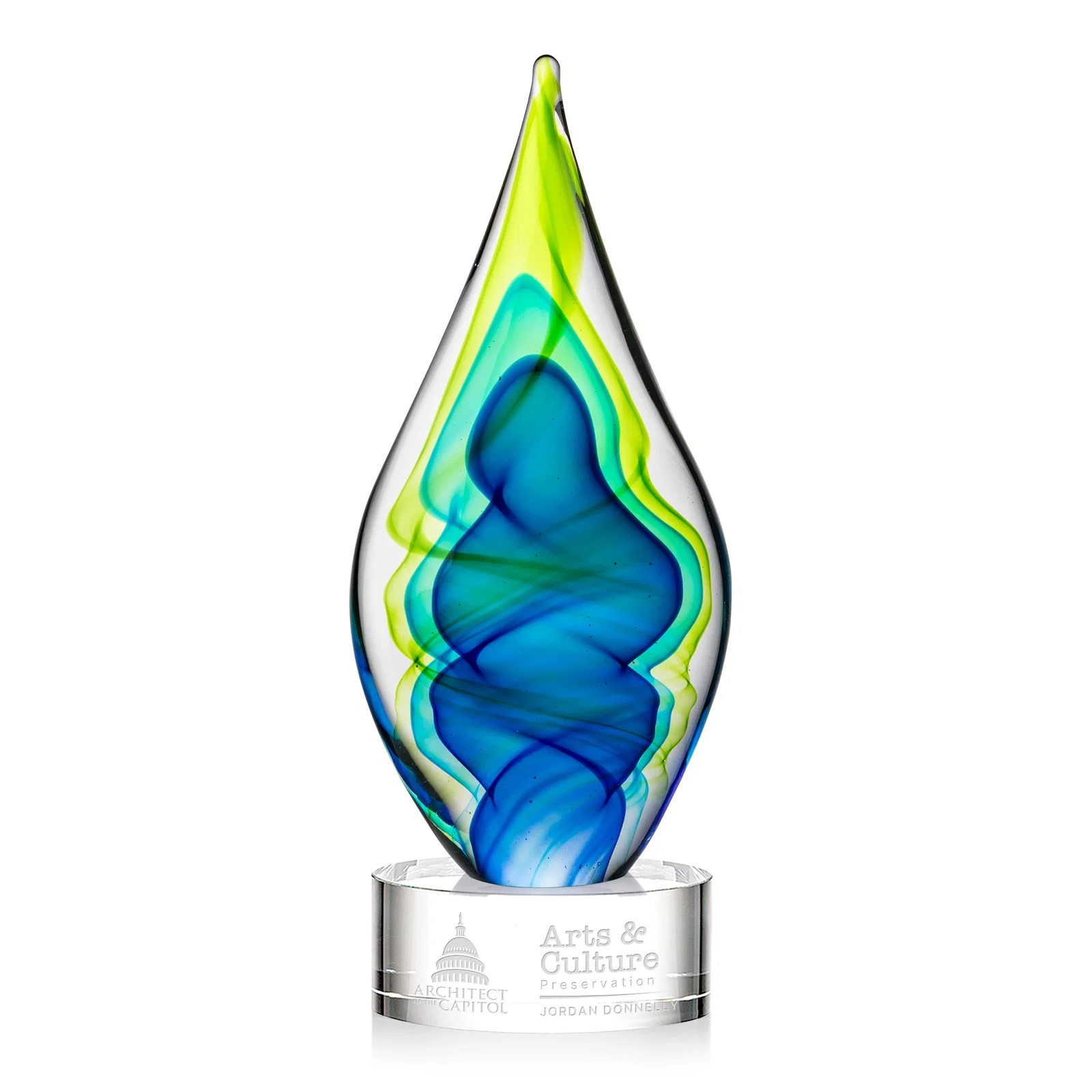 Custom Blue and Green Glass Teardrop Award With Layered Color Flow for service anniversary gifts