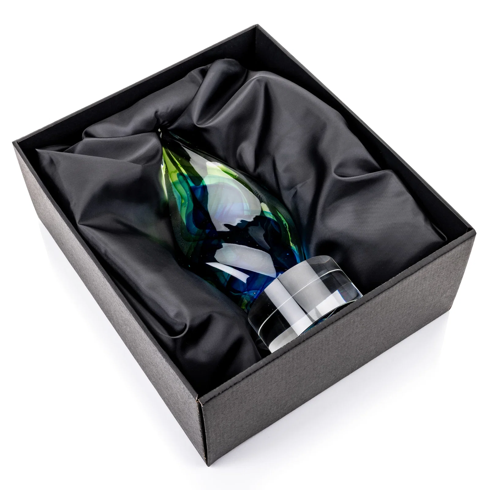 Custom Blue and Green Glass Teardrop Award With Layered Color Flow for retirement presentations